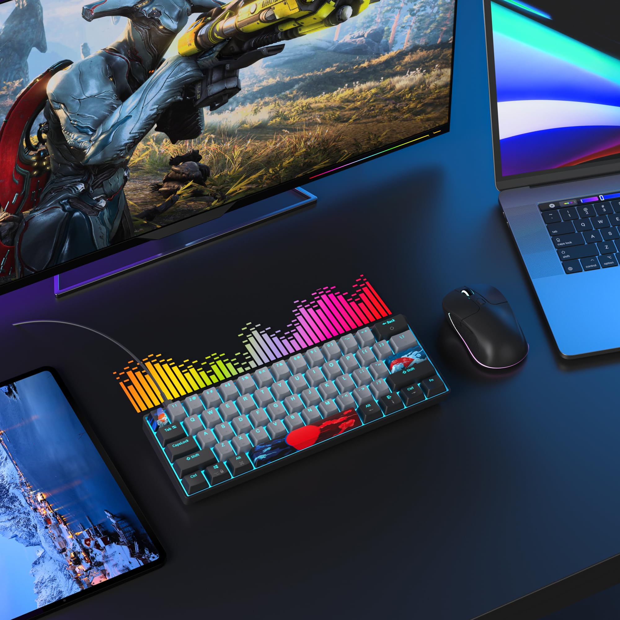SOLIDEE clavier mécanique de jeu 60%,61 touches avec commutateur rouges linéaires,Lumière bleu glacier,clavier mécanique filaire avec rétroéclairage LED,clavier compact pour PS5/PS4(61 Black Grey)
