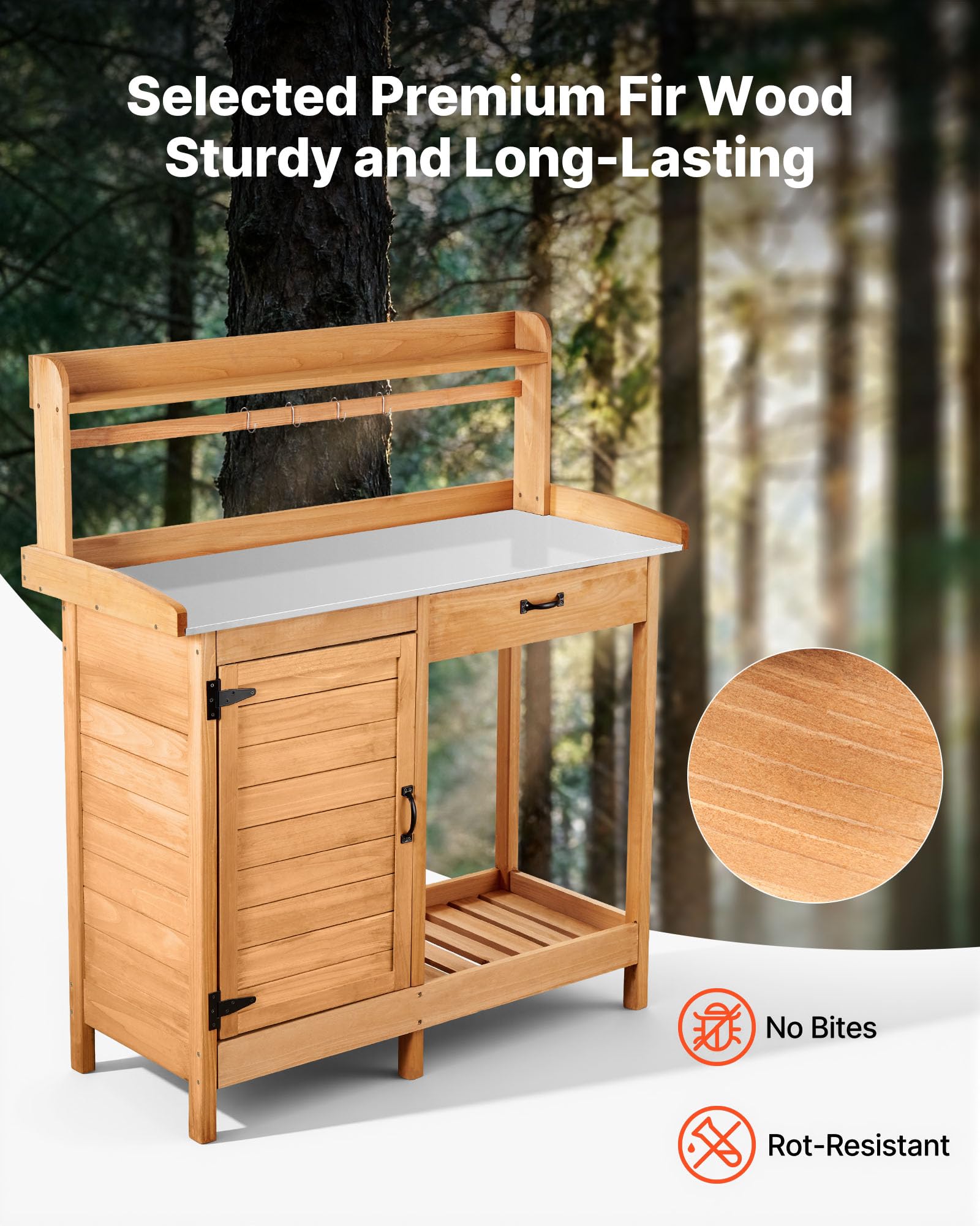 VEVOR Armadietto Banco per Giardinaggio, Postazione di Lavoro in Legno per Esterni con Piano in Ferro Zincato da 112 x 46,5 cm, con Cassetto, Mobiletto Portaoggetti e Ripiani, Ganci per Patio