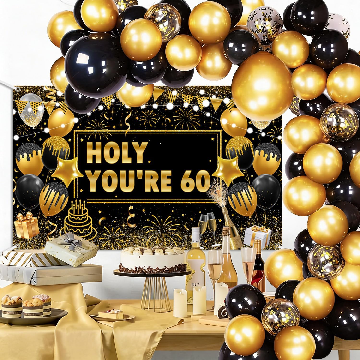 MEHOFOND 6x3.6ft Funny 60th Birthday & Retirment Backdrop, Black and Gold You're 60 Birthday Retirment Party Banner Decoration, We Will Miss You Party Decor, Happy 60th Birthday Photo Booth Props Supplies image 2