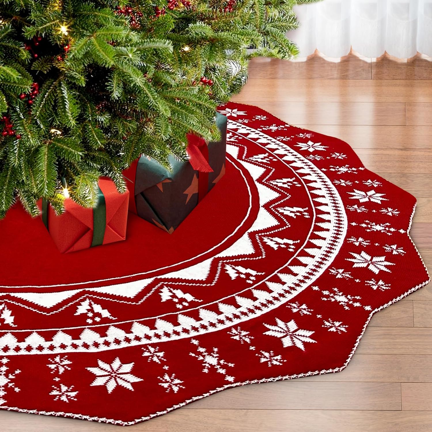 OurWarm Christmas Tree Skirt 60 Inch, Knit Red Tree Skirt with Poinsettia Pattern