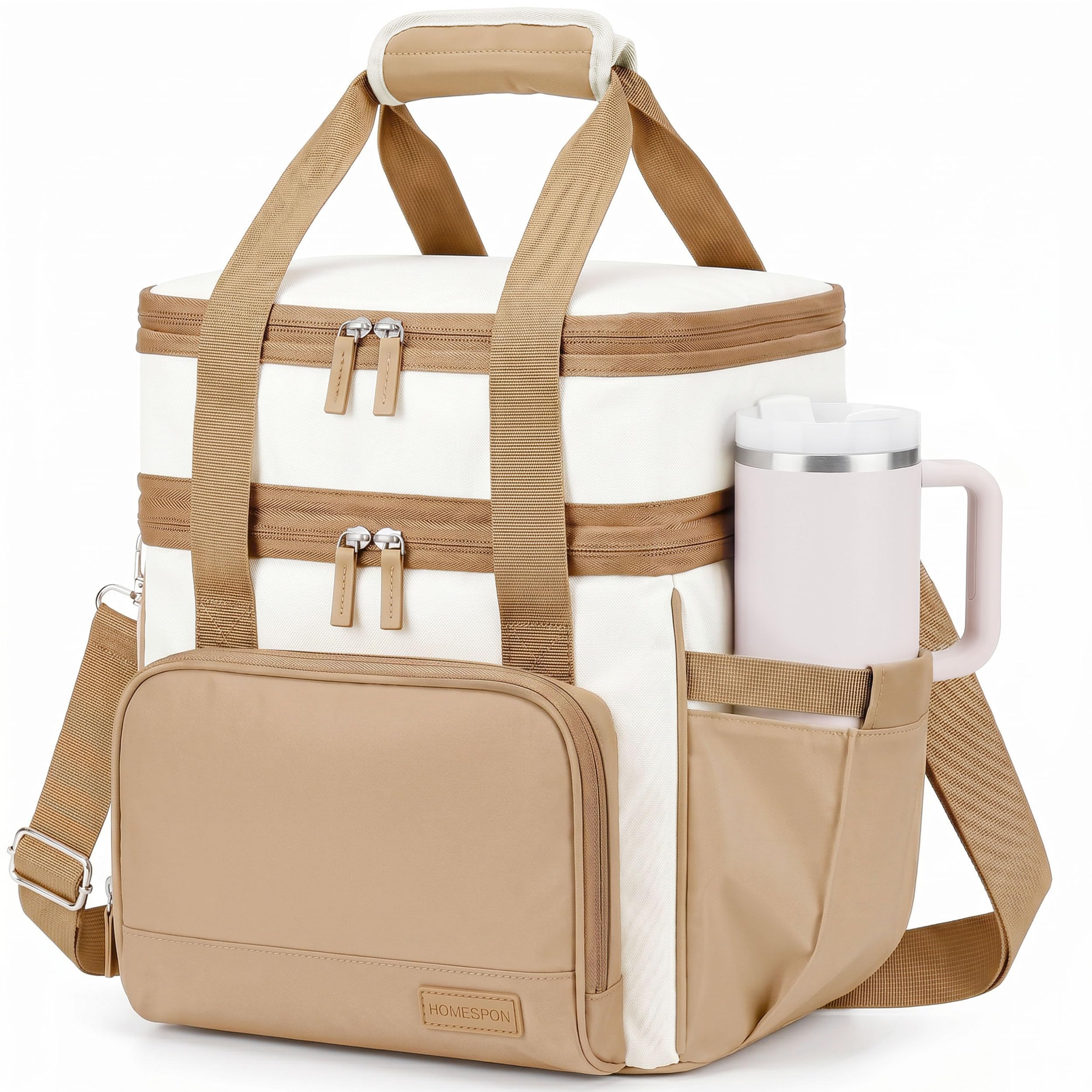 HOMESPON Large Insulated Lunch Bag for Women, 15L Double Layer Leakproof Cooler Bag with Shoulder Strap, Waterproof Thermal Lunch Box Tote for Work, Office, School, Picnic (Beige Brown)