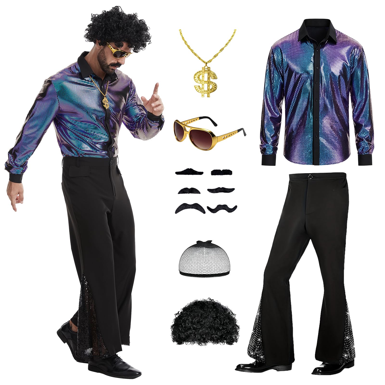 HZVRTN 70s Fancy Dress Mens,Disco Ball Costume,1970s Retro Outfit with Accessories for Retro-themed Parties And Halloween. (Blue, S)