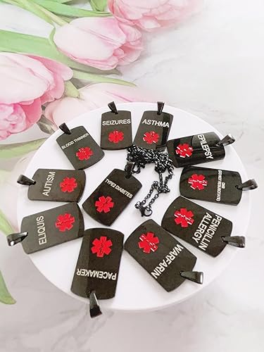Miniatura 6 de Collar de alerta médica negro para hombres y mujeres, acero inoxidable, grabado con etiqueta de identificación médica, collar de alerta médica de