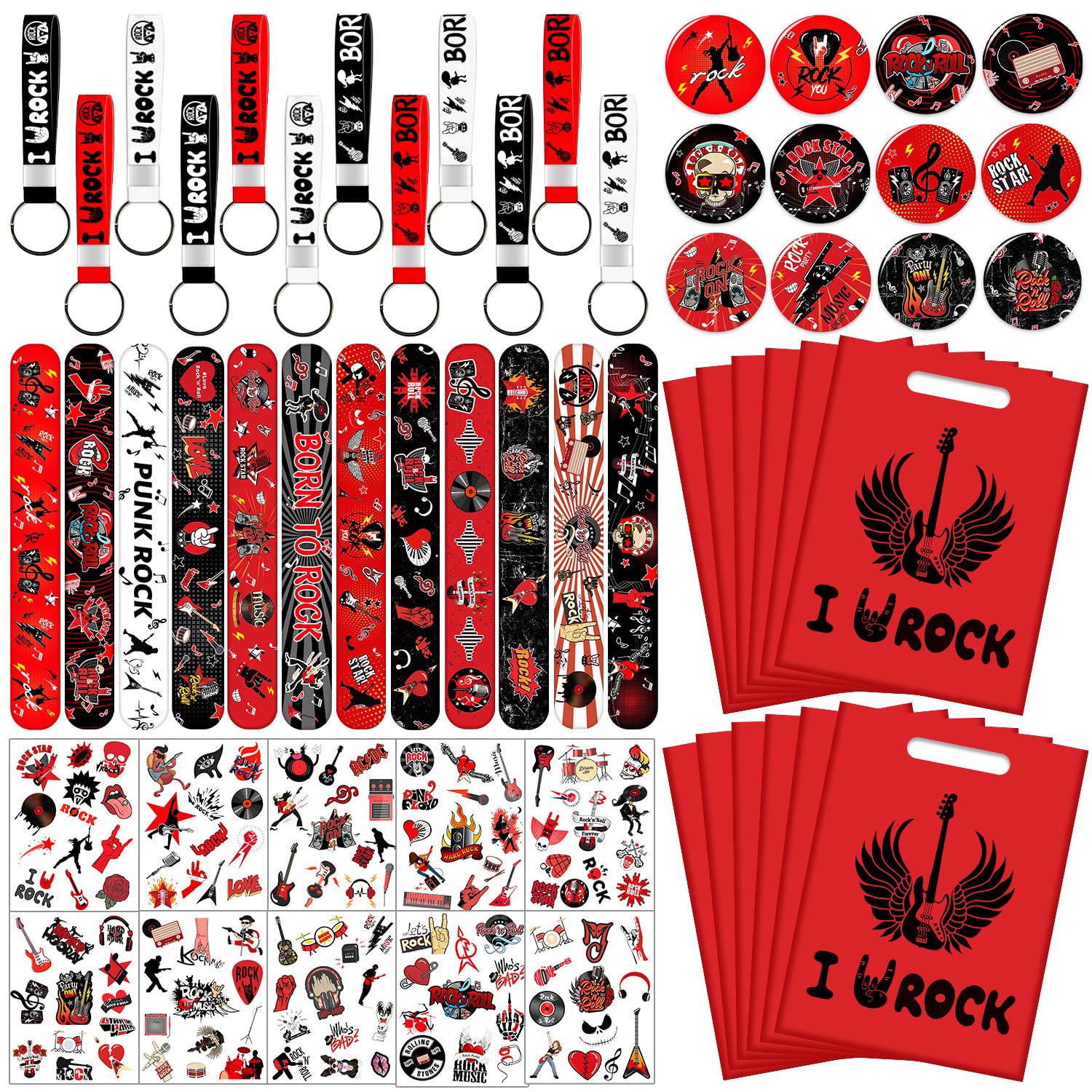 YYMYMGJ Rock and Roll Party Favors, Rock Star Supplies Decorations Includes 12 Keychain, 12 badge, 12 Bracelet,12Bags, 12 sheet tattoos for 80s 90s Rock Party Favors Goodie Bags Stuffers