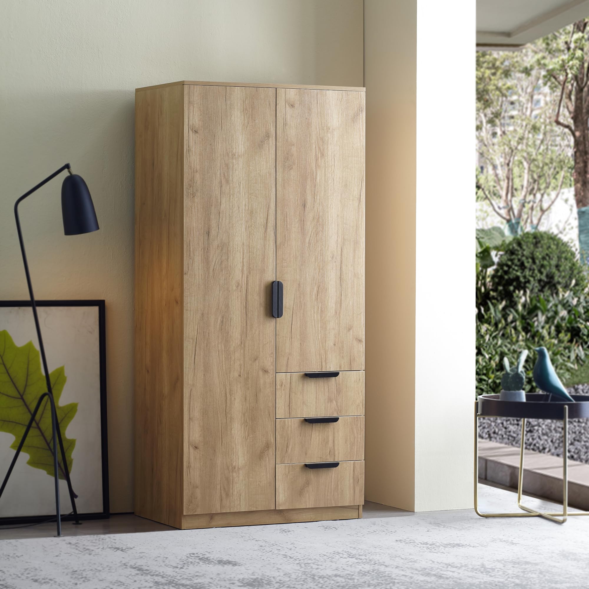 [en.casa] Armario Dormitorio Eiselfing Armario Ropero Clóset con 2 Puertas 1 Perchero 4 Compartimentos 3 Cajones para Dormitorio Vestidor MDF 176 x 80 x 52 cm - Efecto Roble