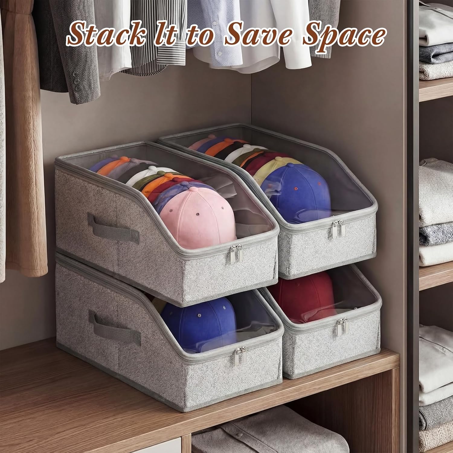 Leinuosen 4 Pcs Hat Organizer for Baseball Caps Bulk Stackable Hat Storage for Closet with Clear Window, Hold Up to 48 Caps, Sturdy Snapback Boxes for Men with Cardboard Holder Container Hats Boxes