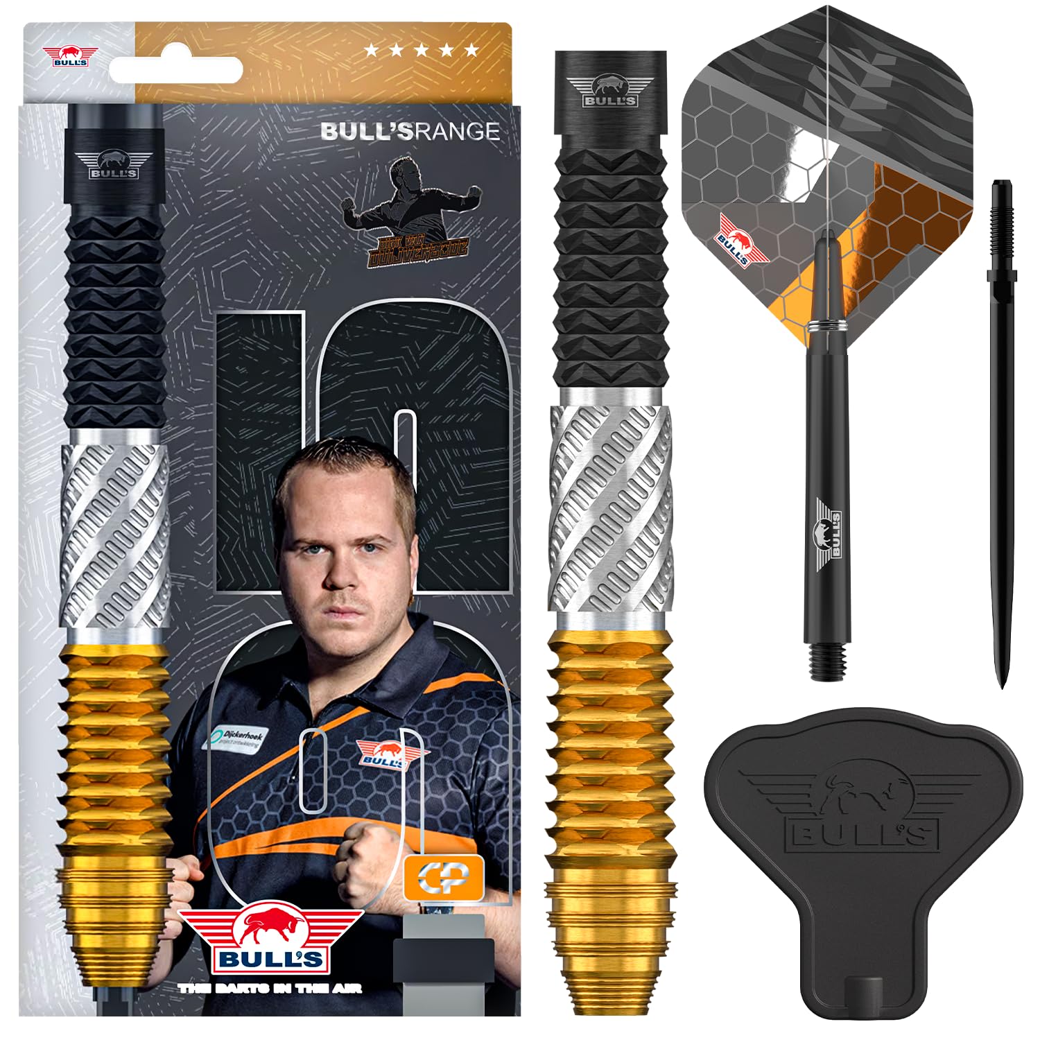 Bull's Dirk Van Duijvenbode 95% Tungsten Steeldarts - Profi Dartpfeile mit Shark, DNA und Delta Grip für konstante Kontrolle - CP Point System, 22g/23g/24g, 3er Darts Set