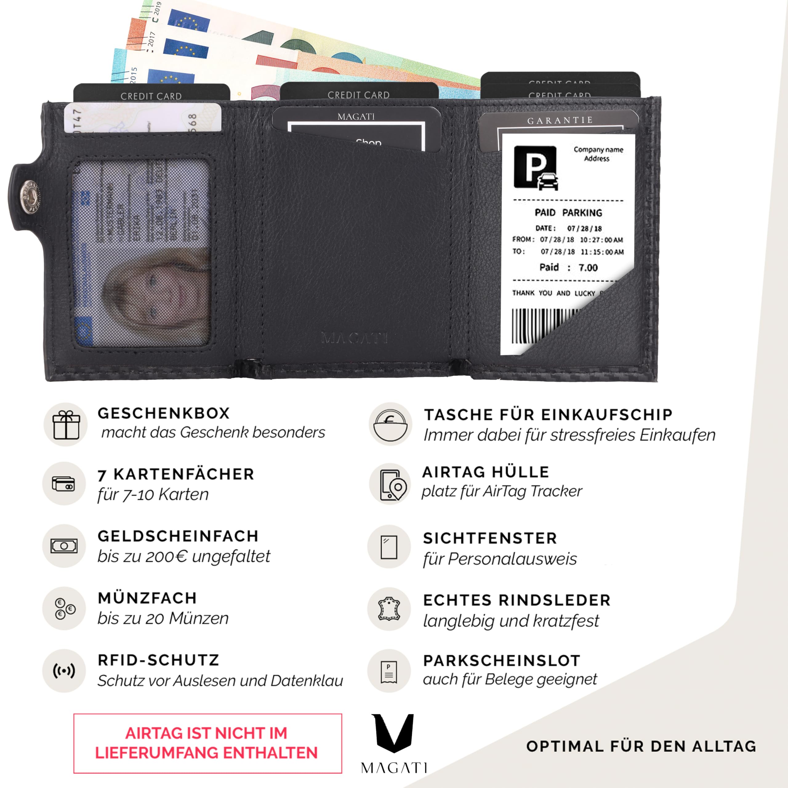 MAGATI Portafoglio sottile con scomparto per monete, protezione RFID – Mini portafoglio da uomo e donna piccolo – il Santo porta carte – porta carte di credito – scomparto per carrello della spesa –