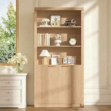 Modern Tall Book Shelf and Bookcase, 31.5"Wide Bookshelf with Doors, Farmhouse Book Case with Adjustable Top Shelf, Wood Storage Cabinet with 5 Tier Display Shelves for Home Office, Living Room,Oak
