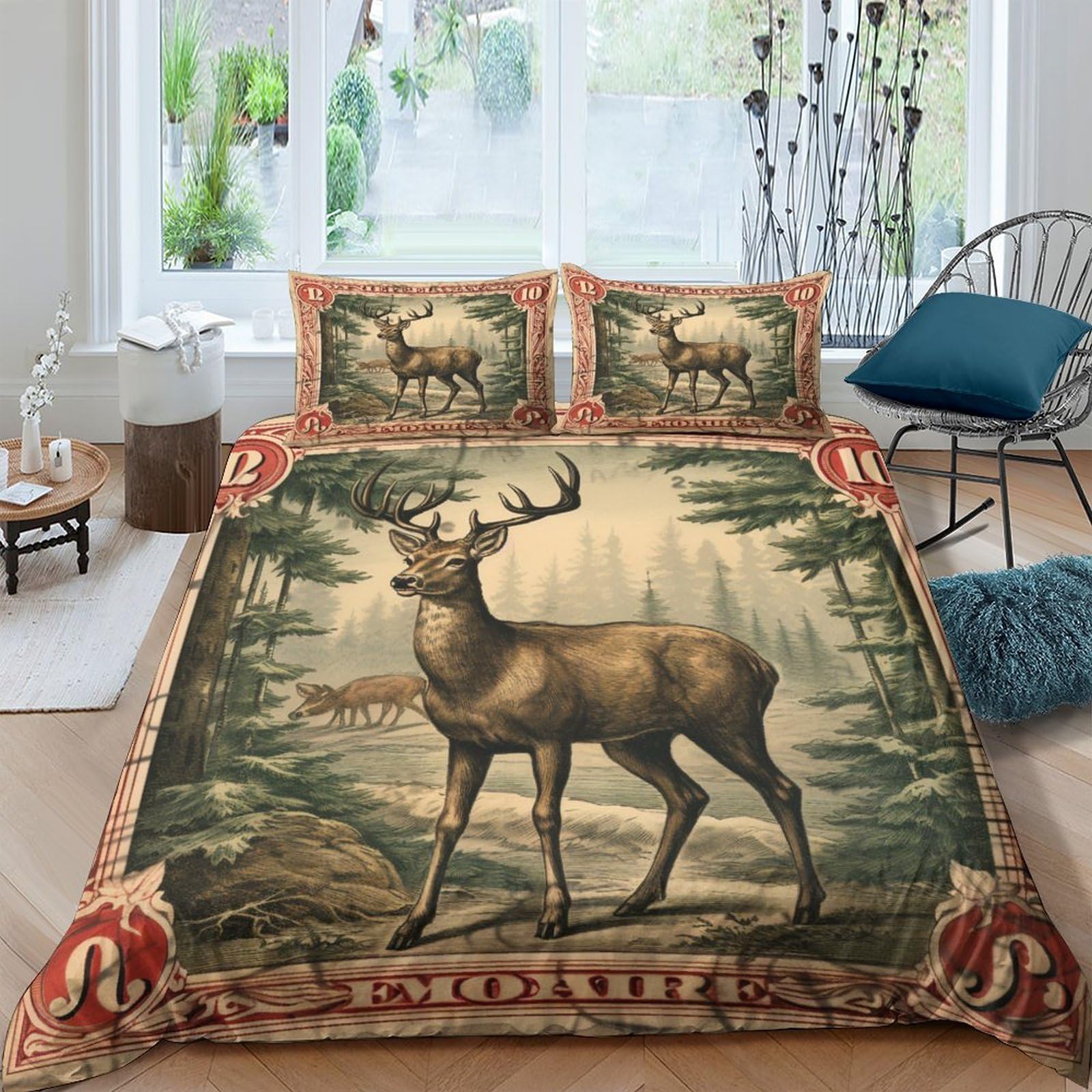 Parure de lit housse de couette Noël 220x240 timbre vintage king size 3 pièces microfibre zippée