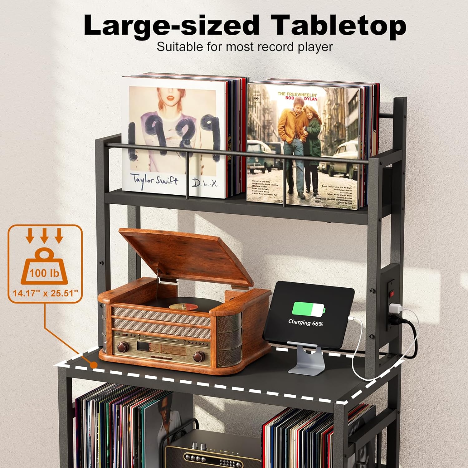 EasyCom Record Player Stand with Vinyl Storage, Turntable Stand Holds Up to 300 Albums, Large Record Player Table with Charge Station, Vinyl Record Stand for Living Room Bedroom, Black