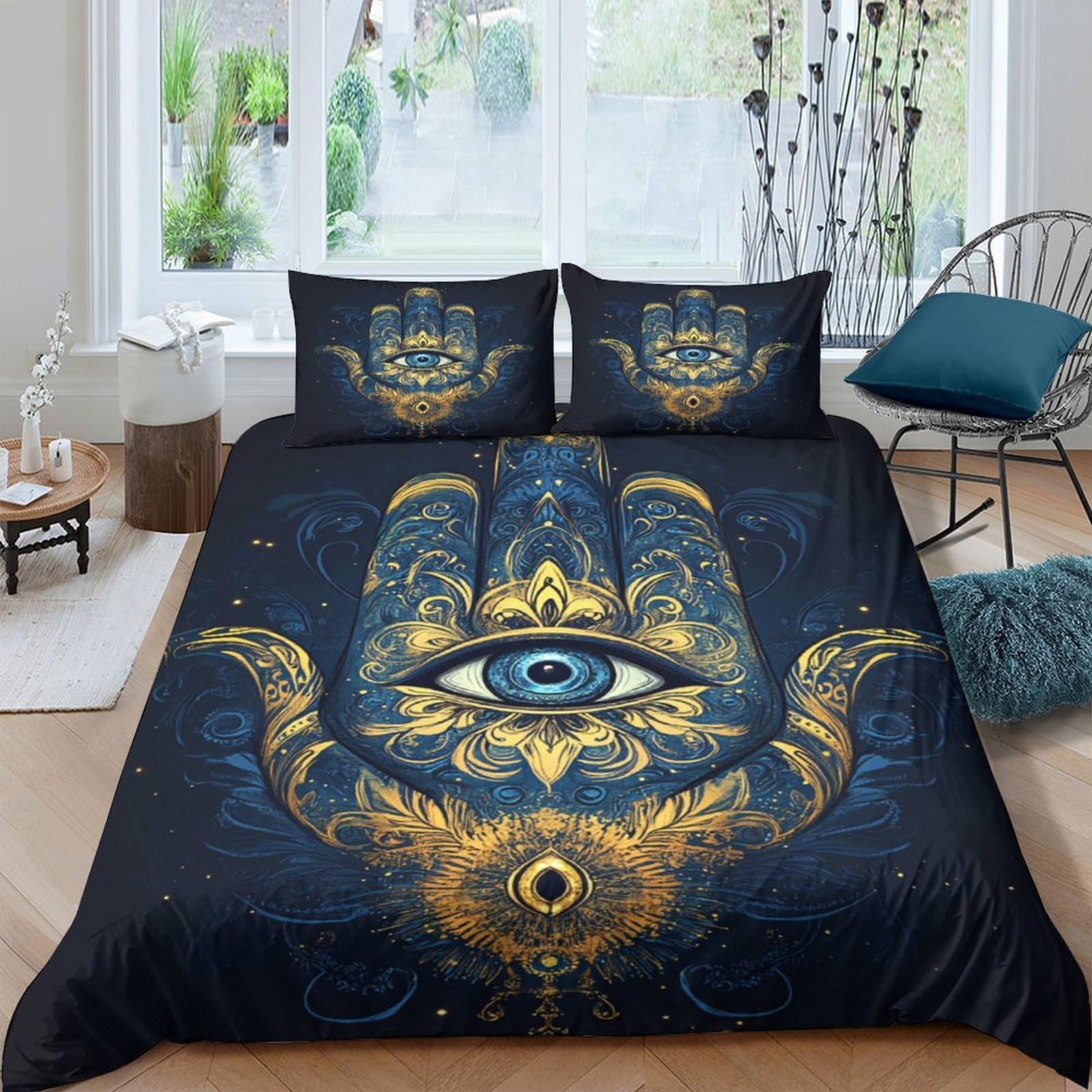 GPLZQXKJNH 3D Printed Hamsa Eye Duvet Cover Set Microfiber Soft Breathable Mandala Bedding Set with 2 Pillowcases for Bedroom Decor Single（135x200cm）