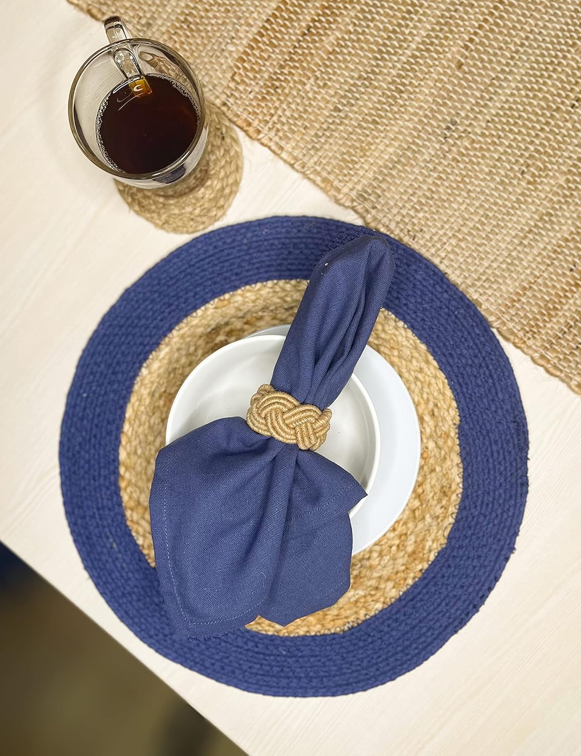 CHARDIN HOME Round Verona Woven Jute & Cotton Braided PLACEMAT (Set of 4), Size -15 inch, Round, Color - Natural Jute with Royal Blue Border