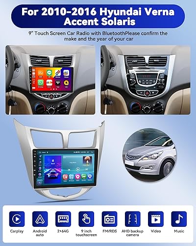 Miniatura 27 de CAMECHO 2+64G CarPlay & Android Auto Receptor estéreo para coche, Android 13 Doble DIN Radio de coche para Hyundai Accent Verna Solaris 2010-2016