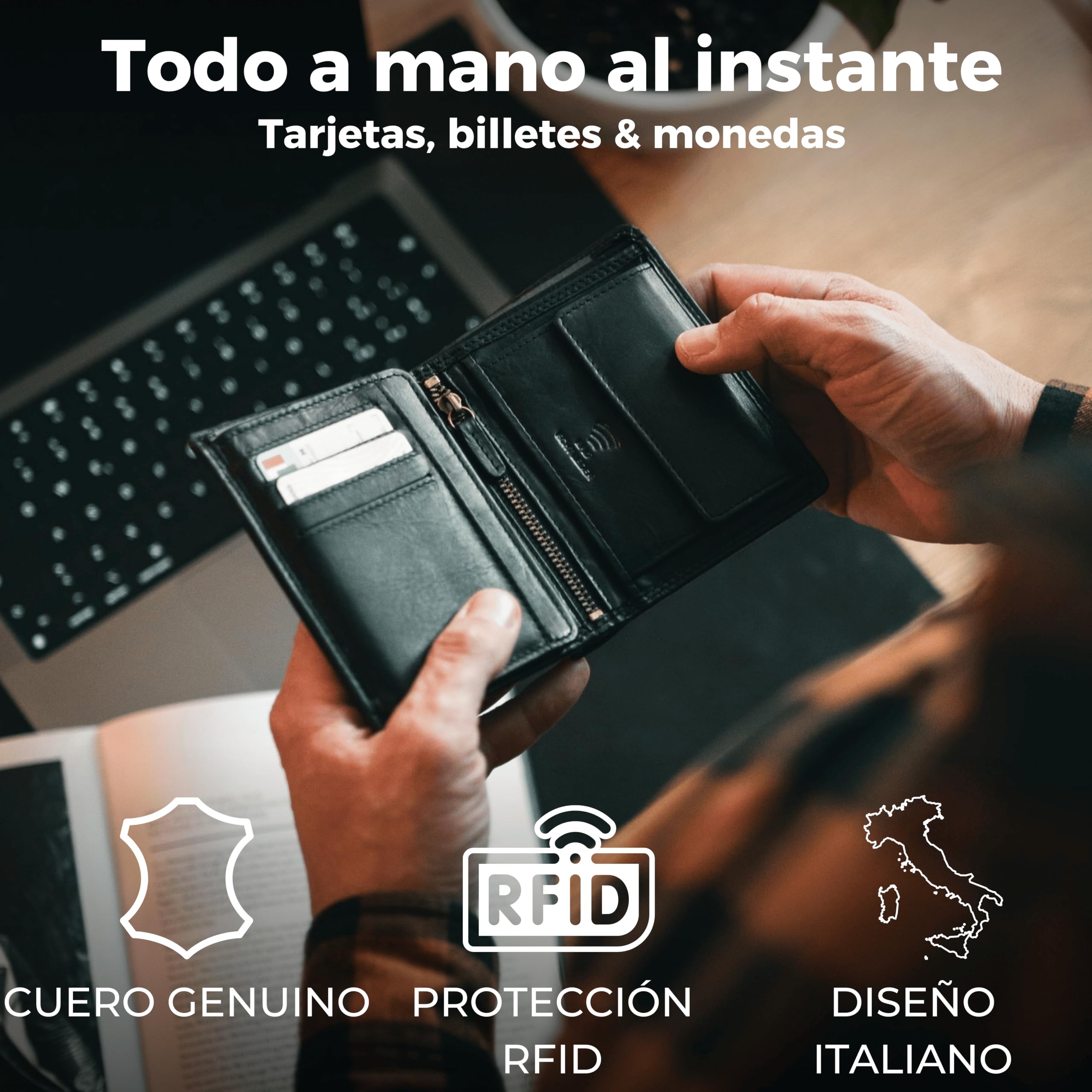 Baur - Cartera de piel auténtica para hombre, con protección RFID, Negro , 10cmx12,6cmx2cm, Clásico
