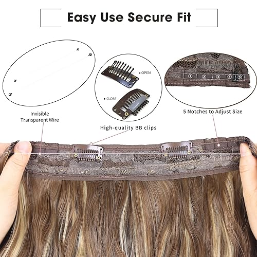 Miniatura 5 de Extensiones de cabello castaño oscuro, cabello ondulado con alambre invisible con diadema transparente de tamaño ajustable, 2 clips de seguridad,