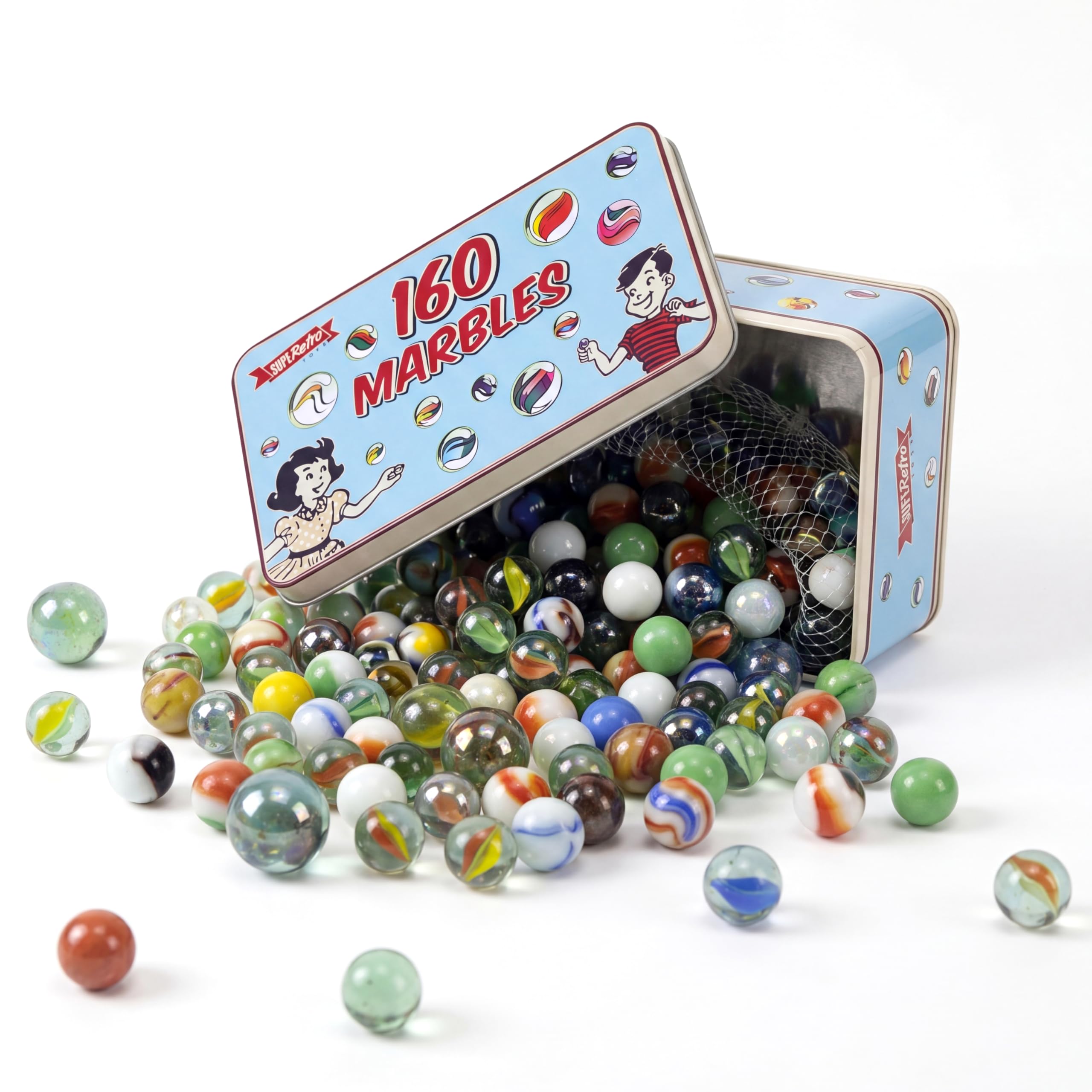 The Magic Toy Shop 160 Piece Glass Marbles Set in Metal Tin - Assorted Colour Small Glass Balls for Kids Games & Marble Run Play - Vintage Toy Collection for Indoor Outdoor Fun