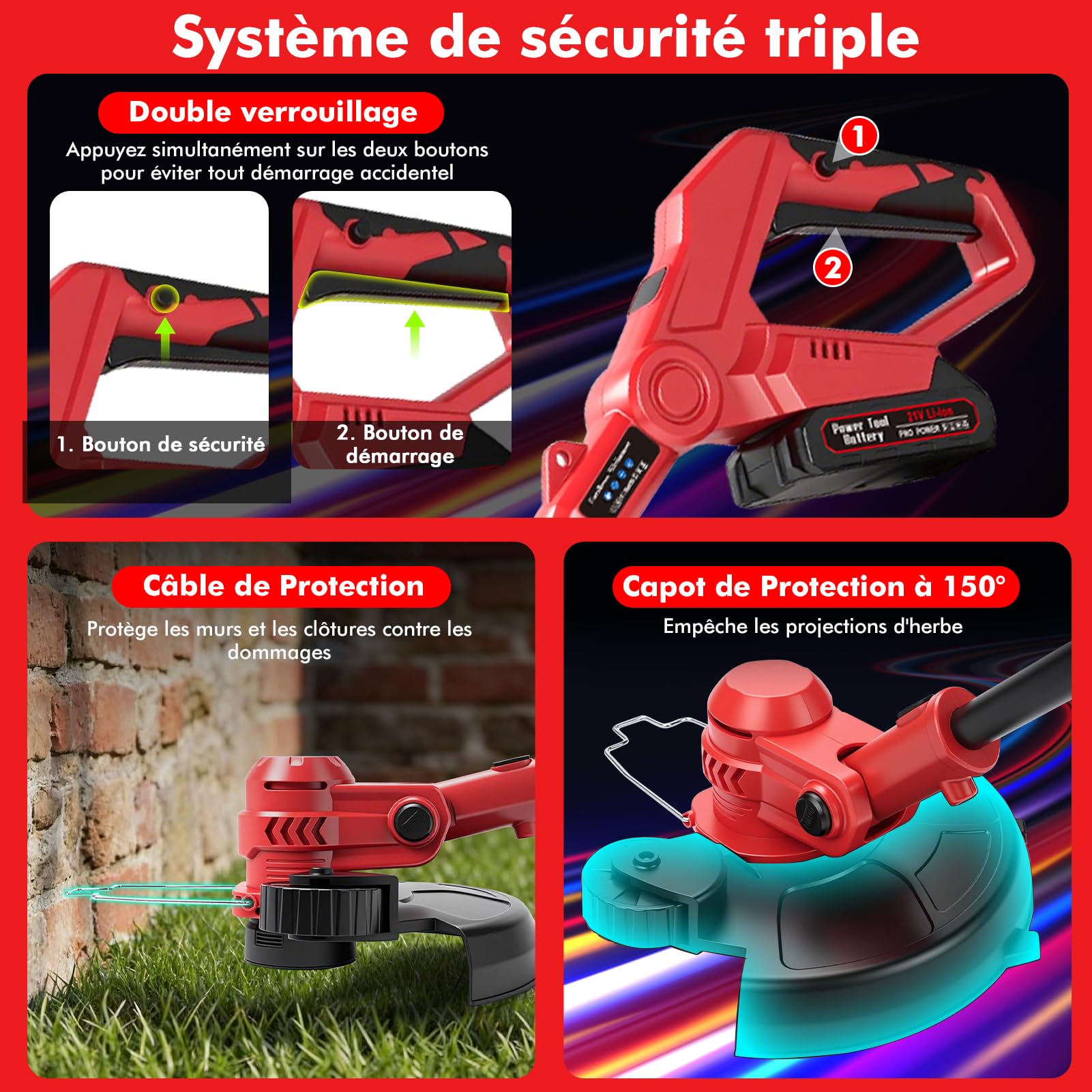 Coupe Bordure sans Fil avec Batterie, 21V Debroussailleuse Electrique sans Fil Coupe-Bordures Et Bordeuse, 30cm Largeur Coupe Rotofil Batterie avec 2 Batteries 1.5 Ah Et Chargeur,4 Bobines De Fil