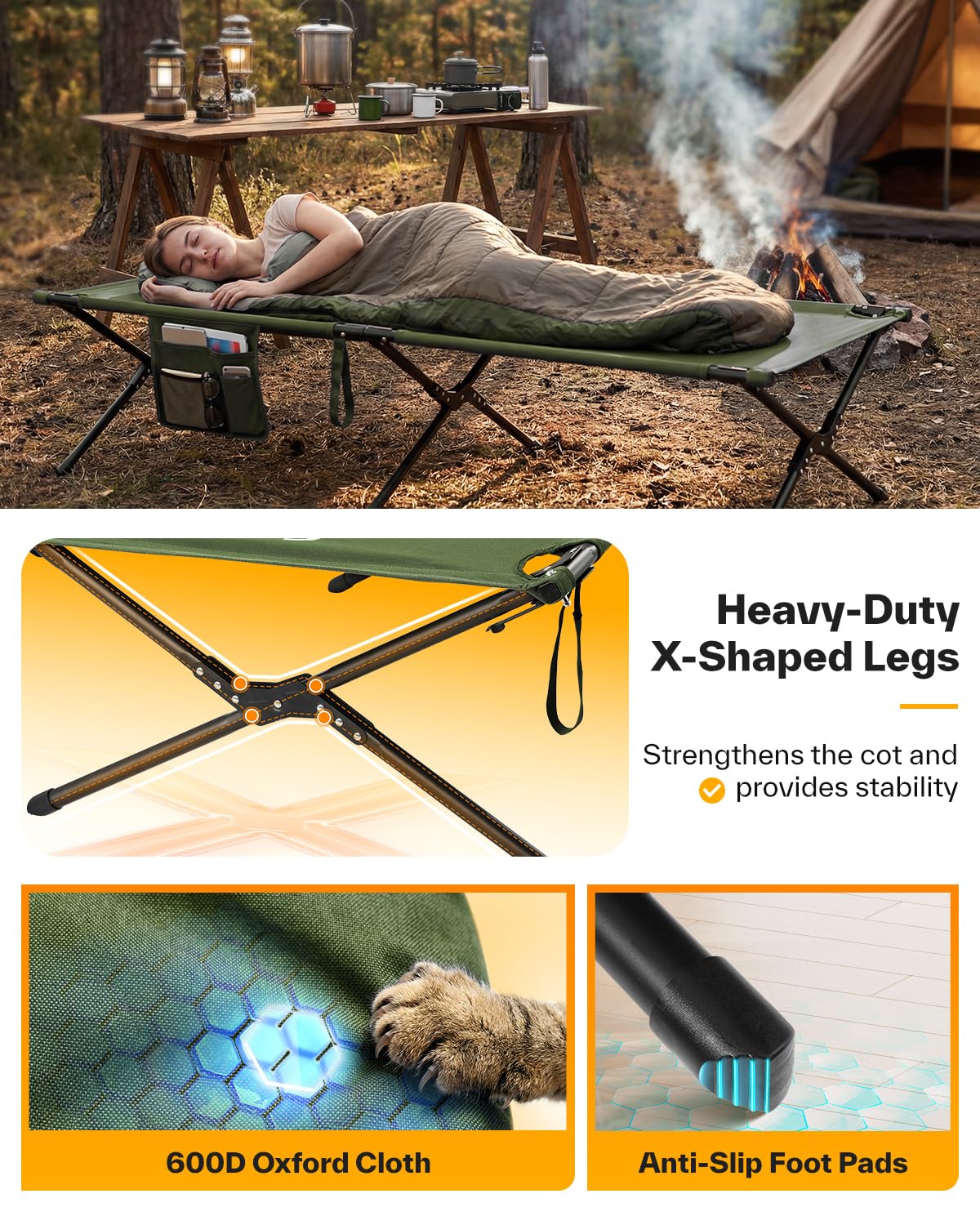 Sportneer Lit de camping, 198,9 x 72,9 x 37,1 cm, lit pliable portable pour adultes avec sac de rangement, supporte 150 kg, compact pour camping, voyage, chambre d'amis à domicile
