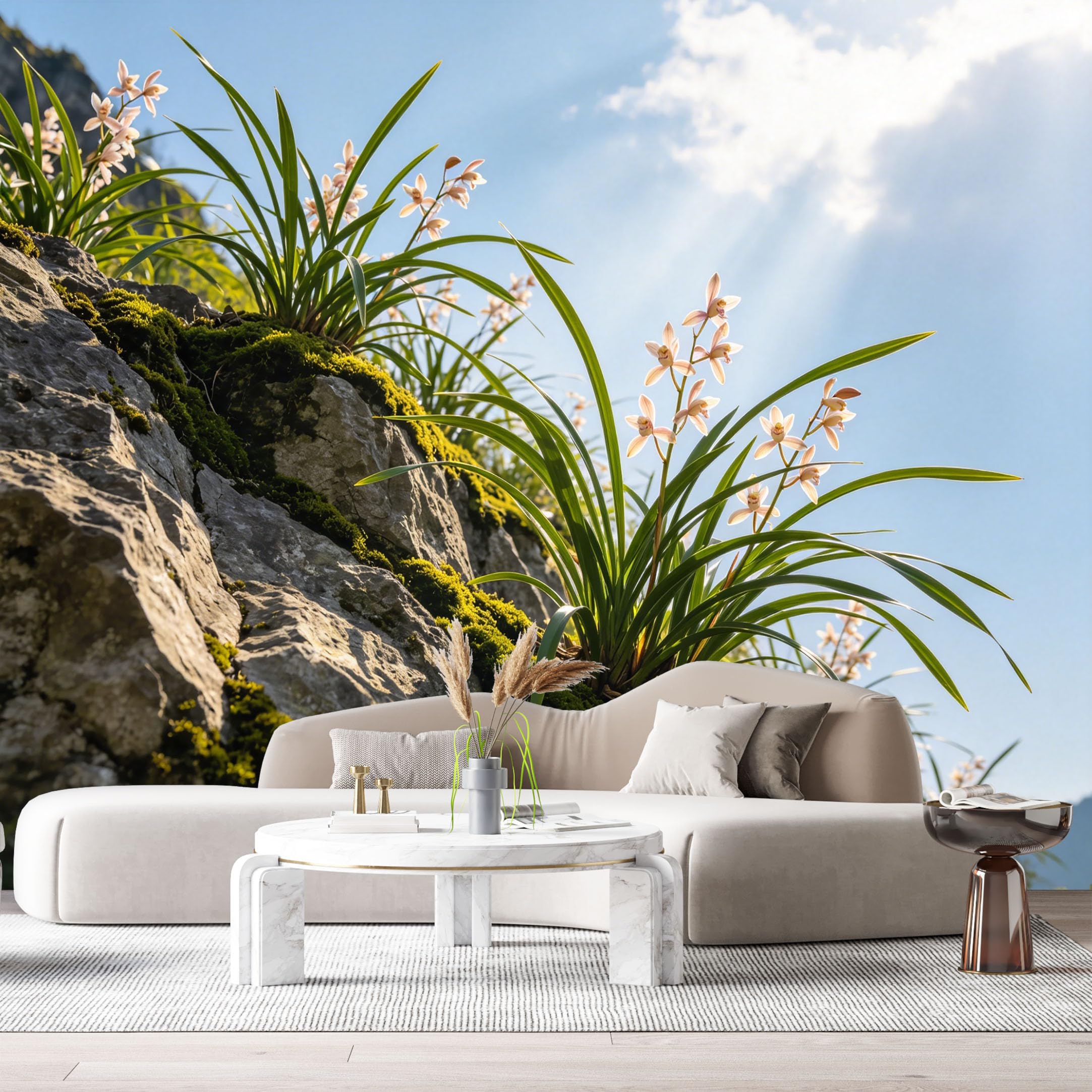 Custom Size Wall Murals Mountain Rock Botanical Orchid Flowers Landscape Sunlight View SelfAdhesive Wall Fabric Removable Large Wallpaper for Photo Living Room