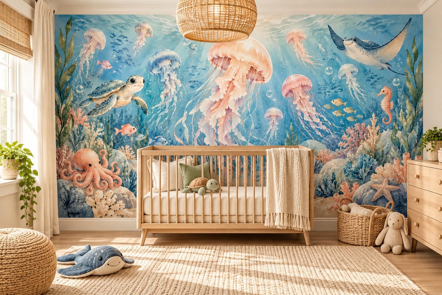 MOOGCO Fototapete Quallengarten, selbstklebende Wandtapete für das Kinderzimmer, Wandbild mit Aquarell Meeresmotiv, Babyzimmer Tapete, 100 x 80 in
