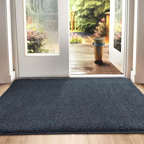 DEXI Felpudo Entrada Casa 50 x 80 cm, Alfombra Entrada Antideslizante, Absorbe Suciedad y Humedad, Alfombrilla Lavable para Puerta Interior, Perro y Pasillo, Azul-Negro