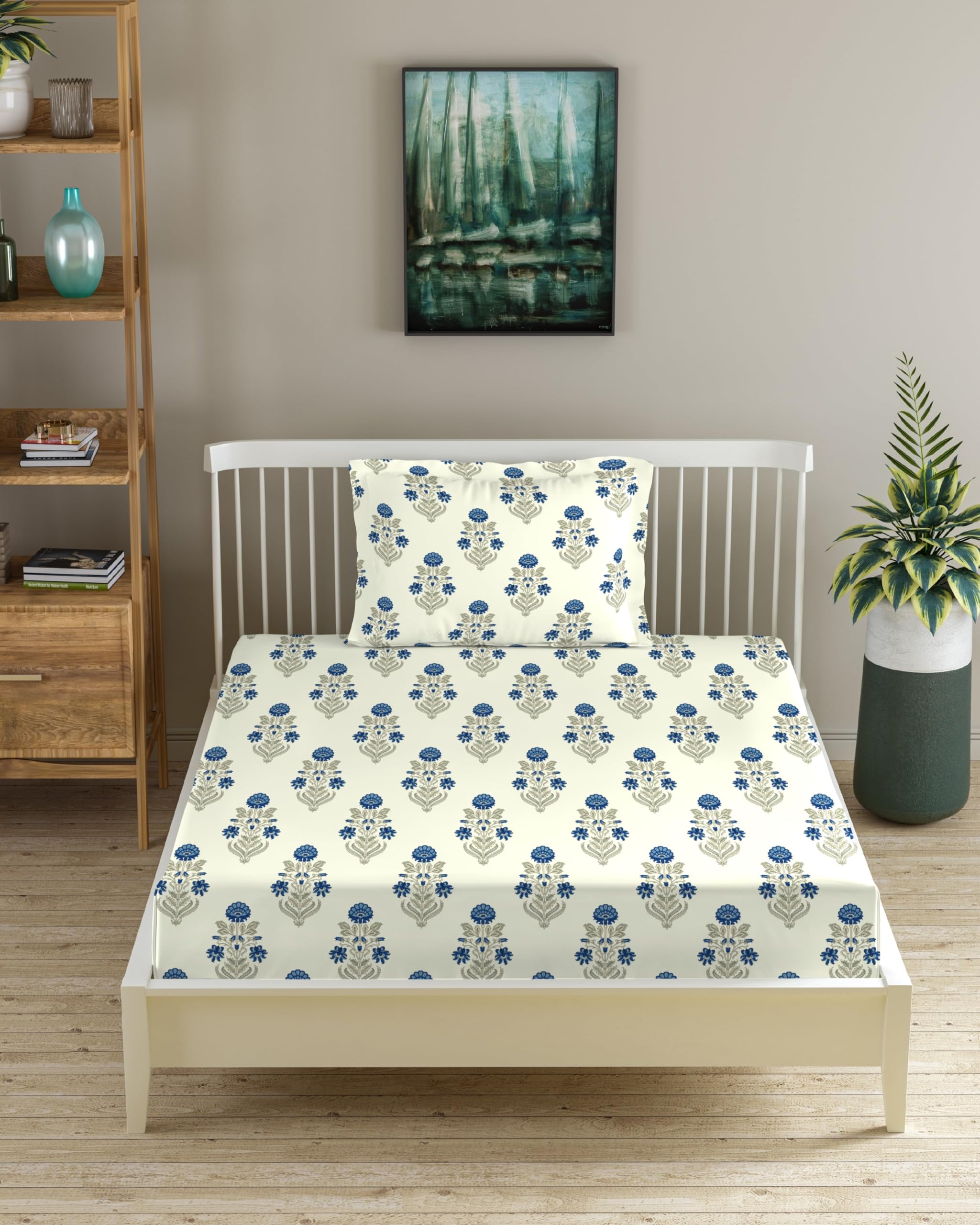 Trance Home Linen 180TC 100% Cotton 72"x30" Single Bed Size Elastic Fitted Bedsheet | Printed Single Size Bed Elasticated Fitted Bedspread with 1 Pillow Cover (72x30 inch, Aangan Blue) (B0BCYYY21K) Amazon Price History, Amazon Price Tracker