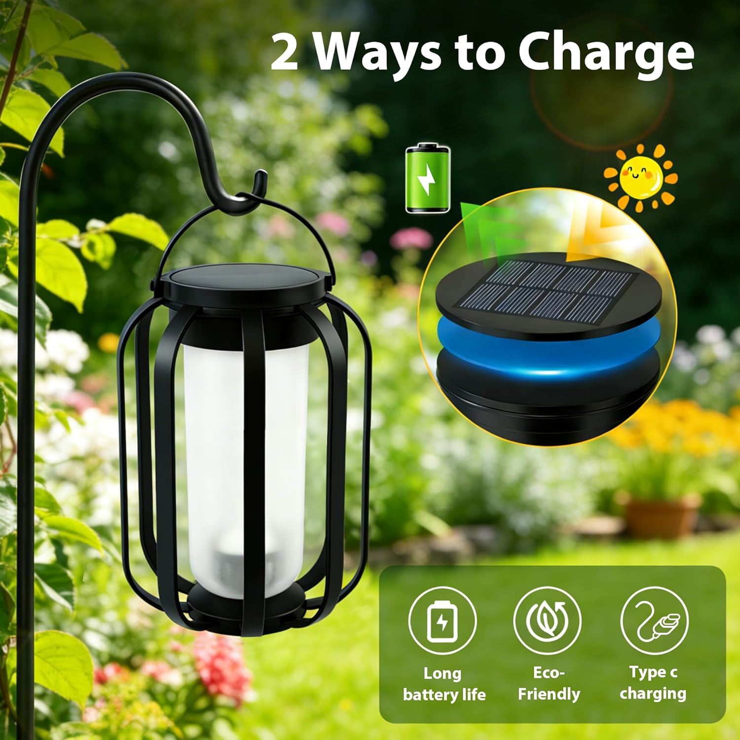 Solar Lanterns Outdoor Lights, 2 Pack Flickering Flame Garden Lights with 2 Modes Dual Charging USB & Solar, Outdoor Waterproof Hanging Lantern for Halloween Party Holiday Decor - Image 6