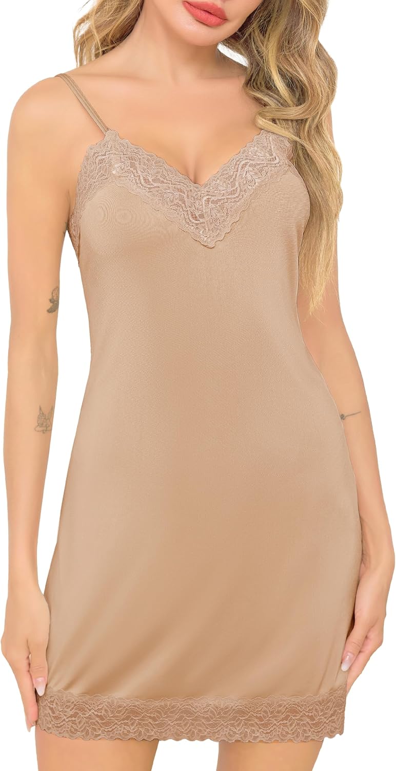 Women's Full Slips Lace V-neck Under Dress Adjustable Strap Camisole Slip Nightgown S-3XL