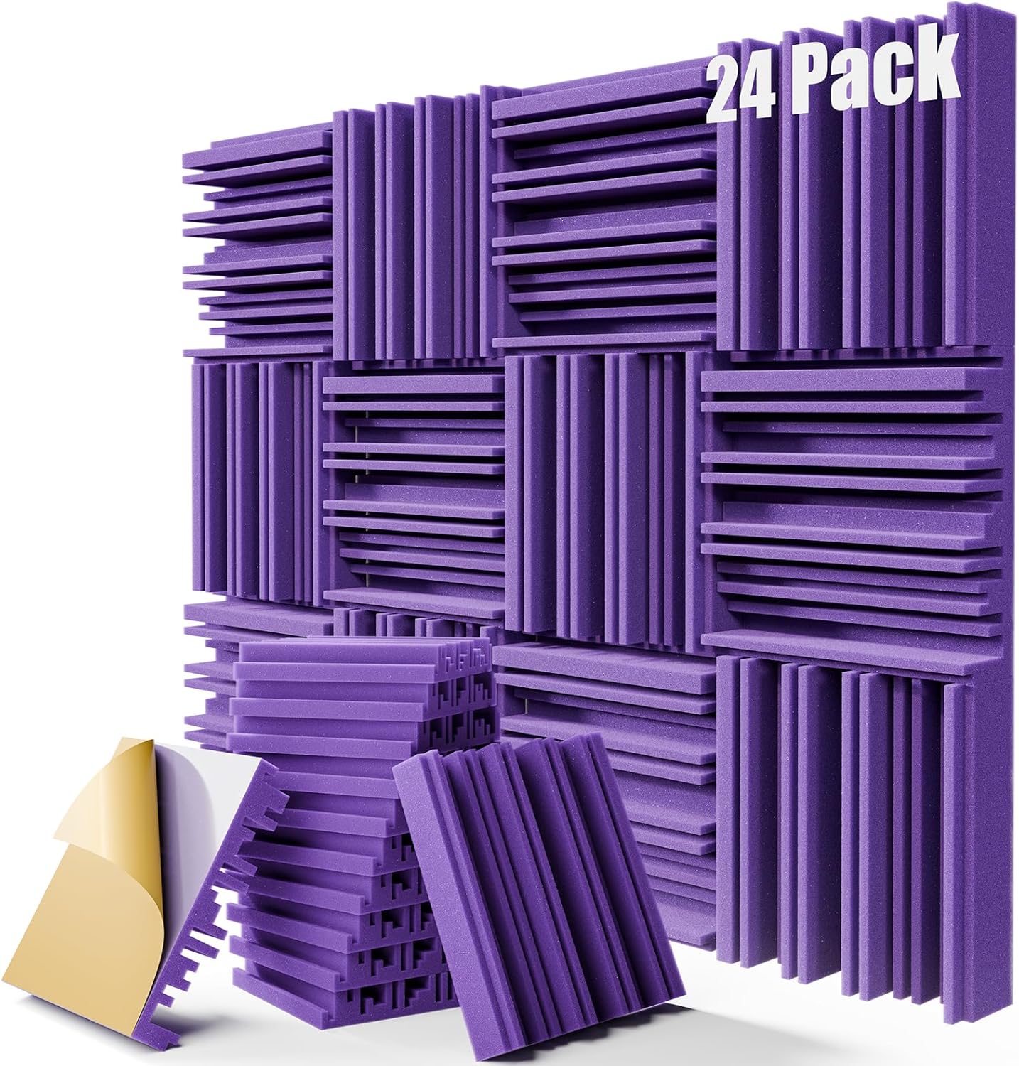 24 Pack Sound Proof Foam Panels for Walls, 12" x 12" x 2" Self-Adhesive Acoustic Panels, High-Density Soundproof Wall Panels for Studio Home and Ceilings (Purple)