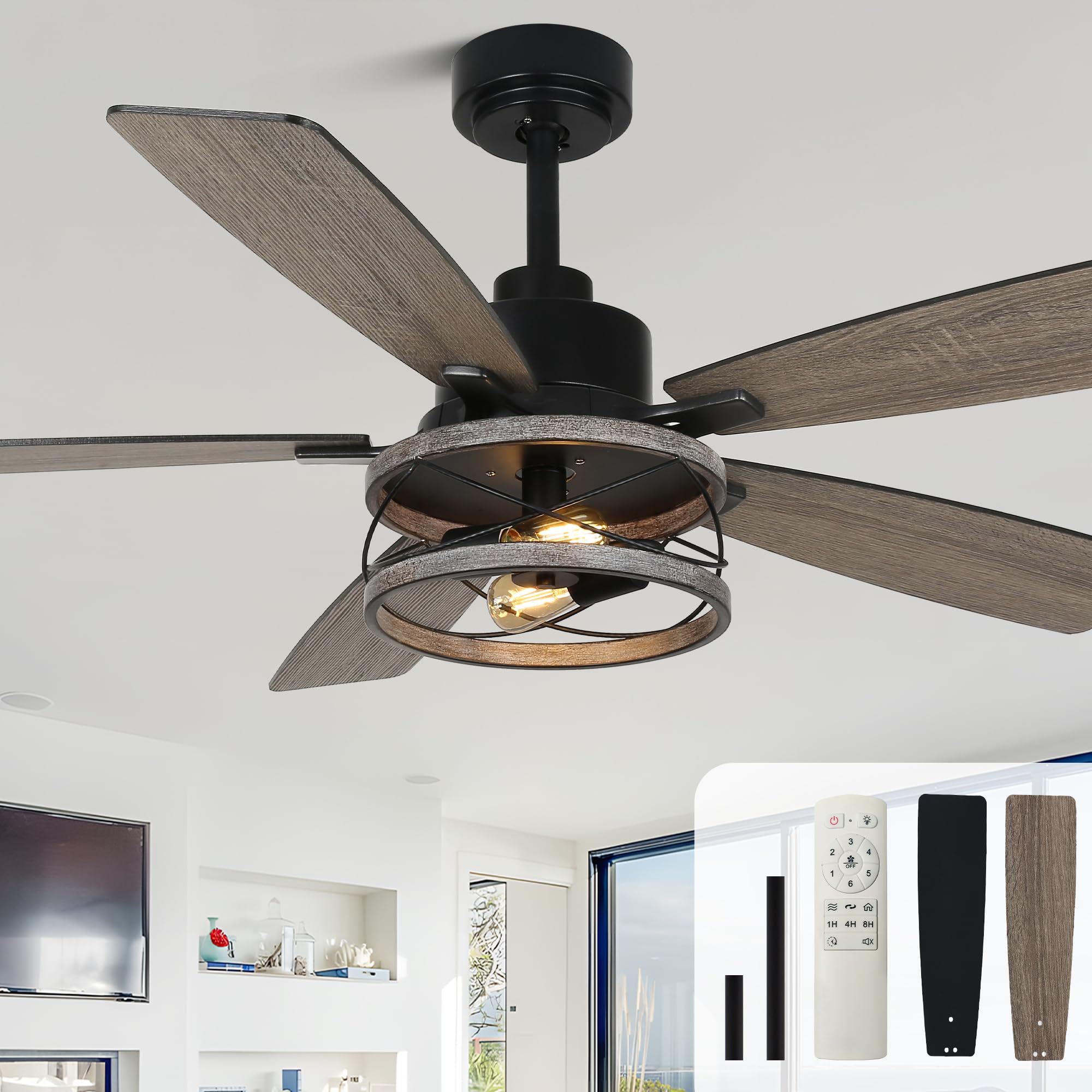 52" Farmhouse Ceiling Fan with Lights and Remote Rustic Fandelier