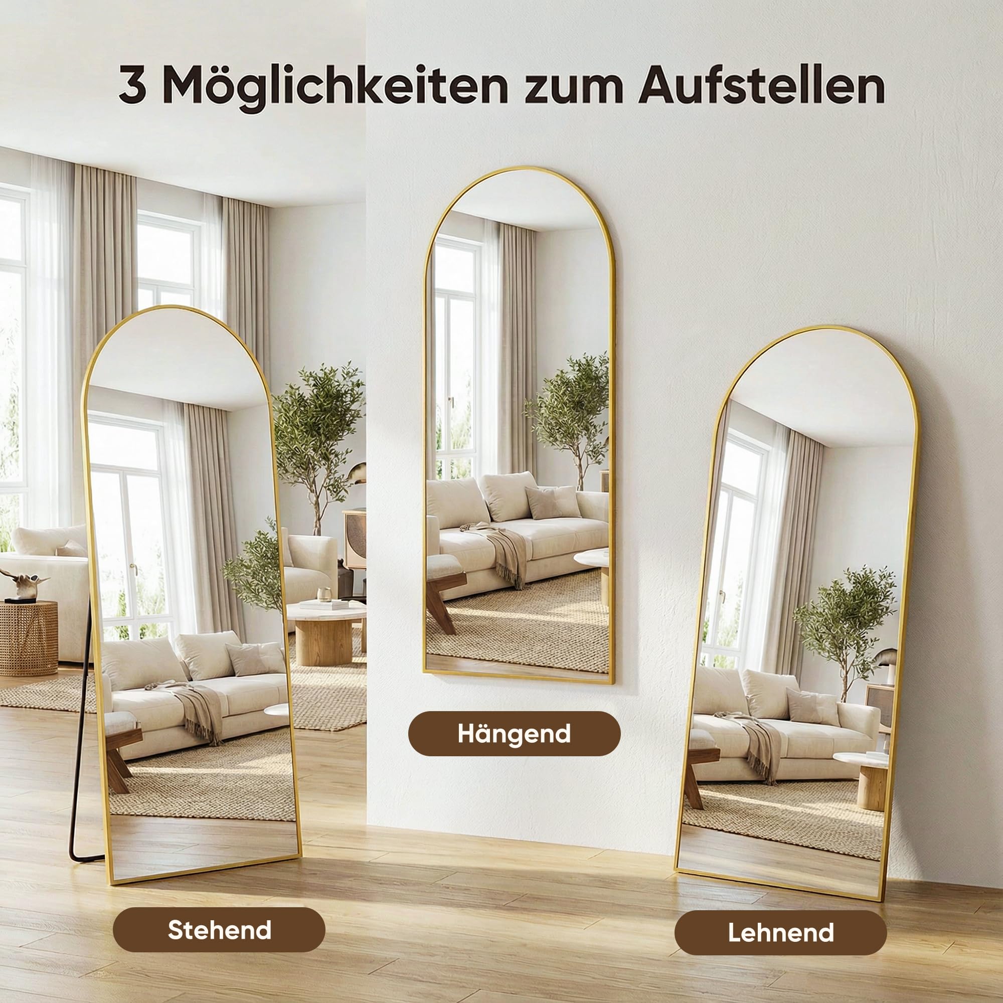 Antok Grand miroir pleine longueur, 183 x 112 cm, miroir sur pied bombé, verre incassable, miroir de sol, pour salon, dressing, montage mural, emballage sûr, doré