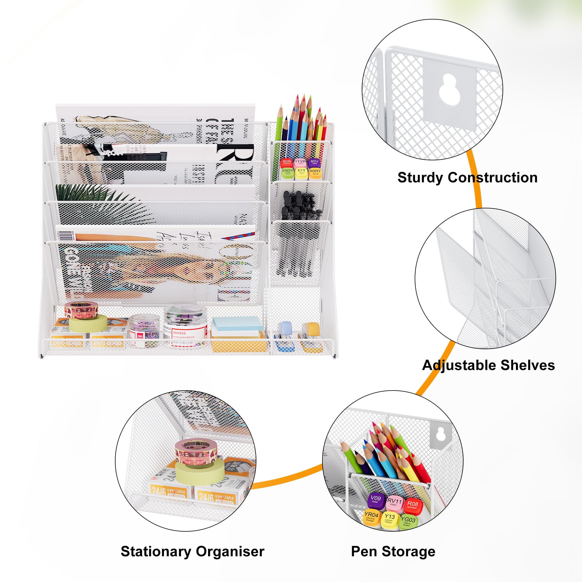 Porte Revue Mural Métal 5 Compartiments avec 3 Porte Stylo Rangement Document A4 Organisateur de Bureau Blanc