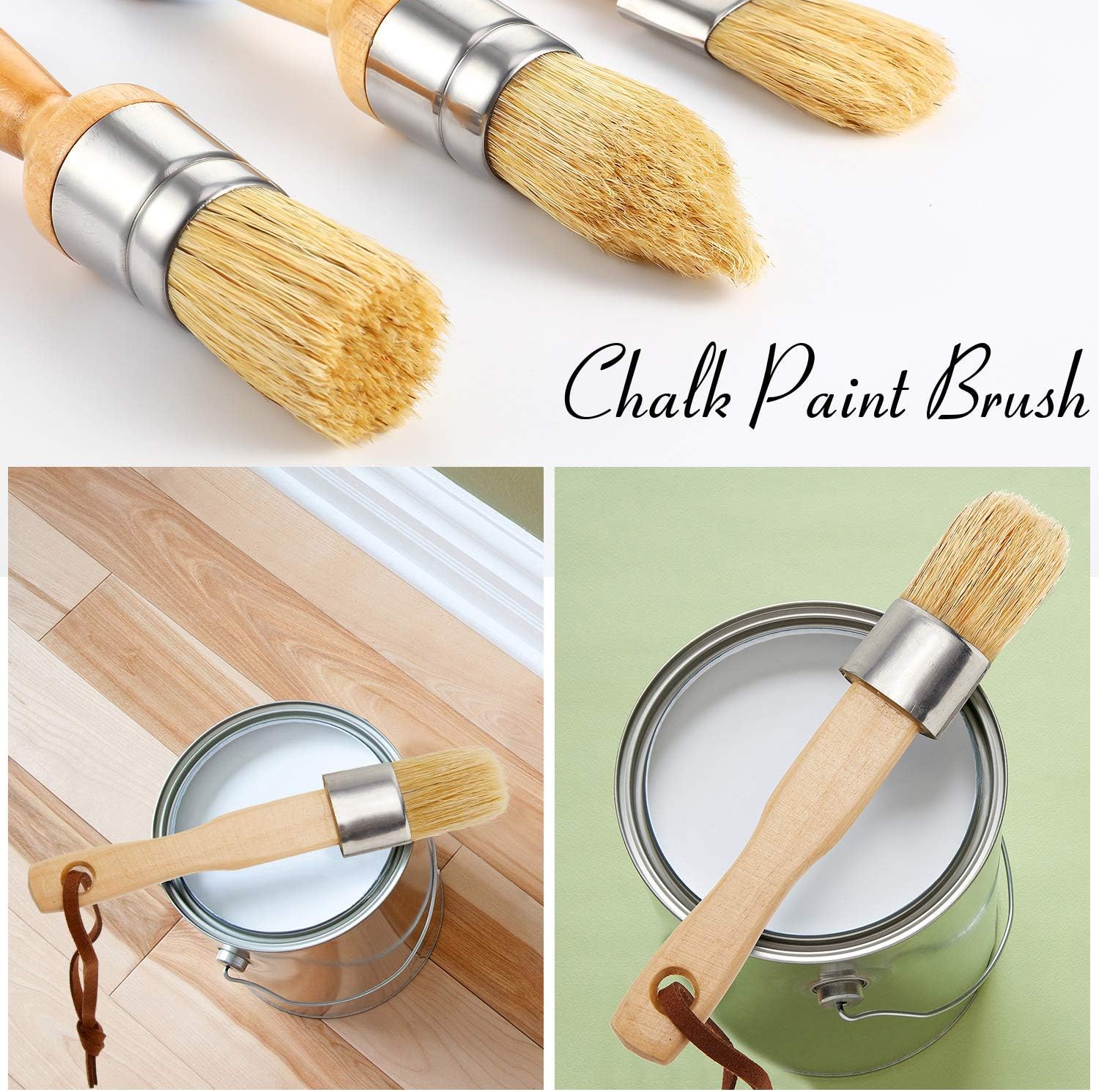 3 Pieces Chalk and Wax Paint Brushes Bristle Stencil Brushes for Wood Furniture Home Decor, Including Flat, Pointed and Round Chalked Paint Brushes (Burlywood)