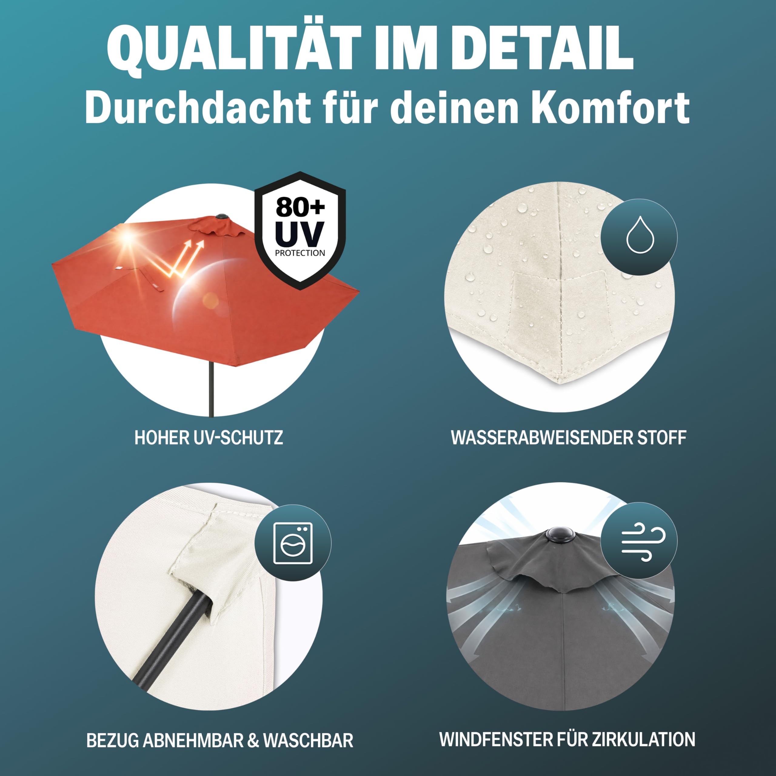 Kingsleeve® Demi-parasol Ø 270 cm crème Parasol de balcon terrasse avec manivelle Pare-soleil Protection solaire UV 50+