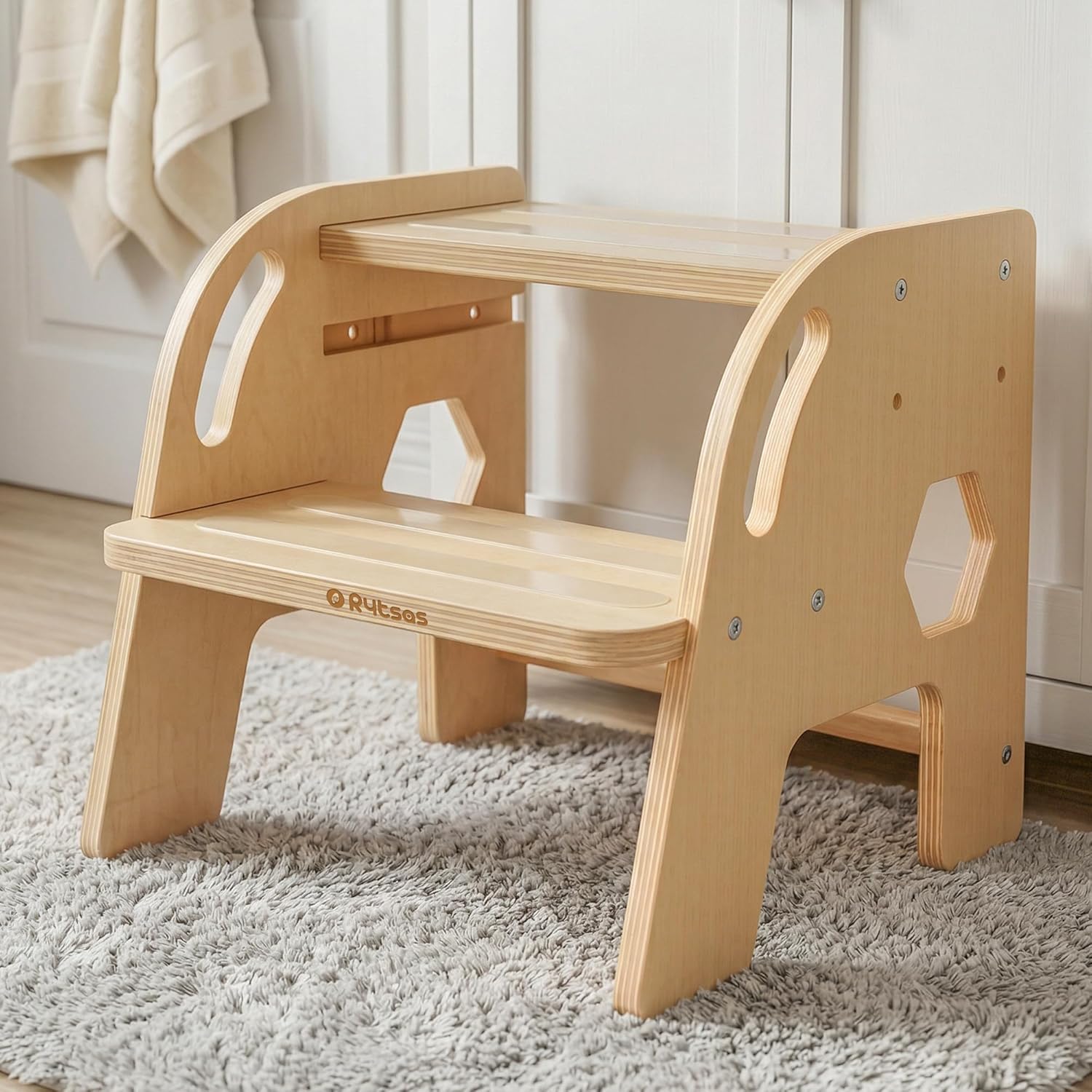 Wooden Step Stool for Kids, Toddler Step Stools with Rounded Corners, Non-Slip Pads, Handles ＆Dual Height, Potty Training Stool for Bathroom Sink, Kitchen Counter Nursery Bedroom Closet