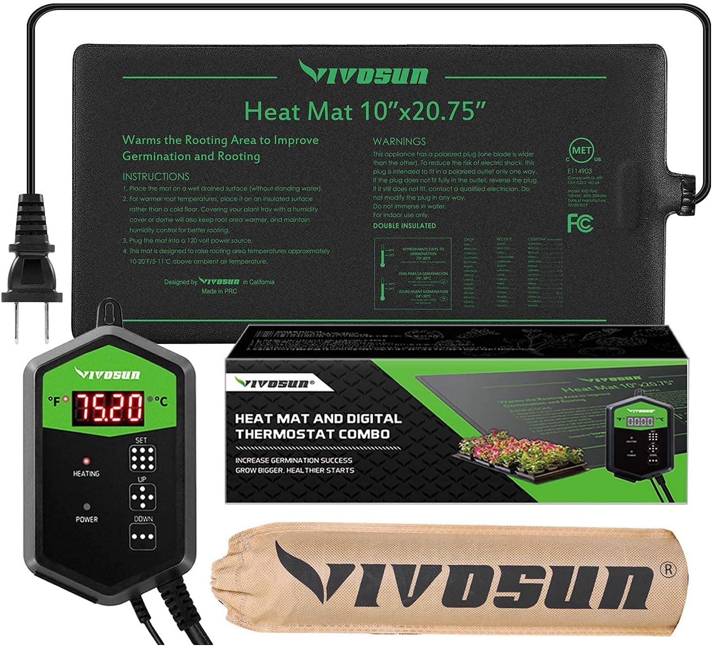 VIVOSUN 10"x20.75" Seedling Heat Mat and Digital Thermostat Combo Set