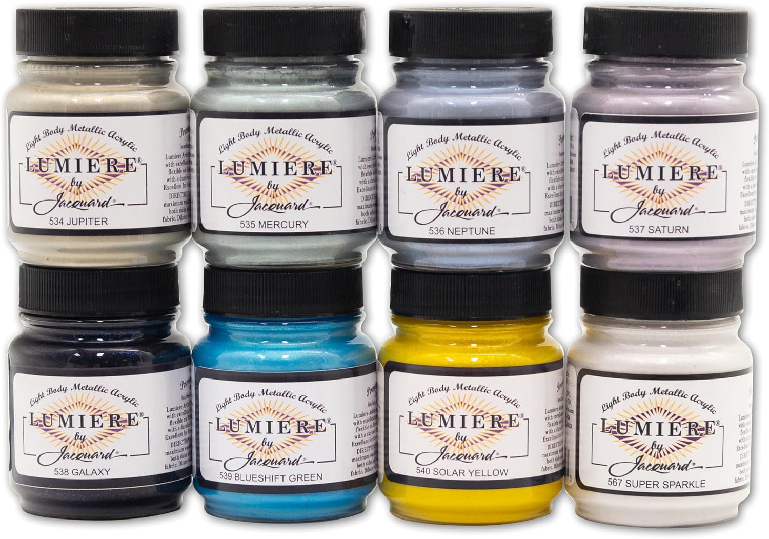 Jacquard Lumiere 2.25oz Fabric Paint 8 Color Celestial Set - Metallic Paint for Fabric, Leather, Canvas, Paper and Wood - Light-bodied Metallic Acrylic Paint - Lightfast & Vibrant Metallic Acrylic Paints
