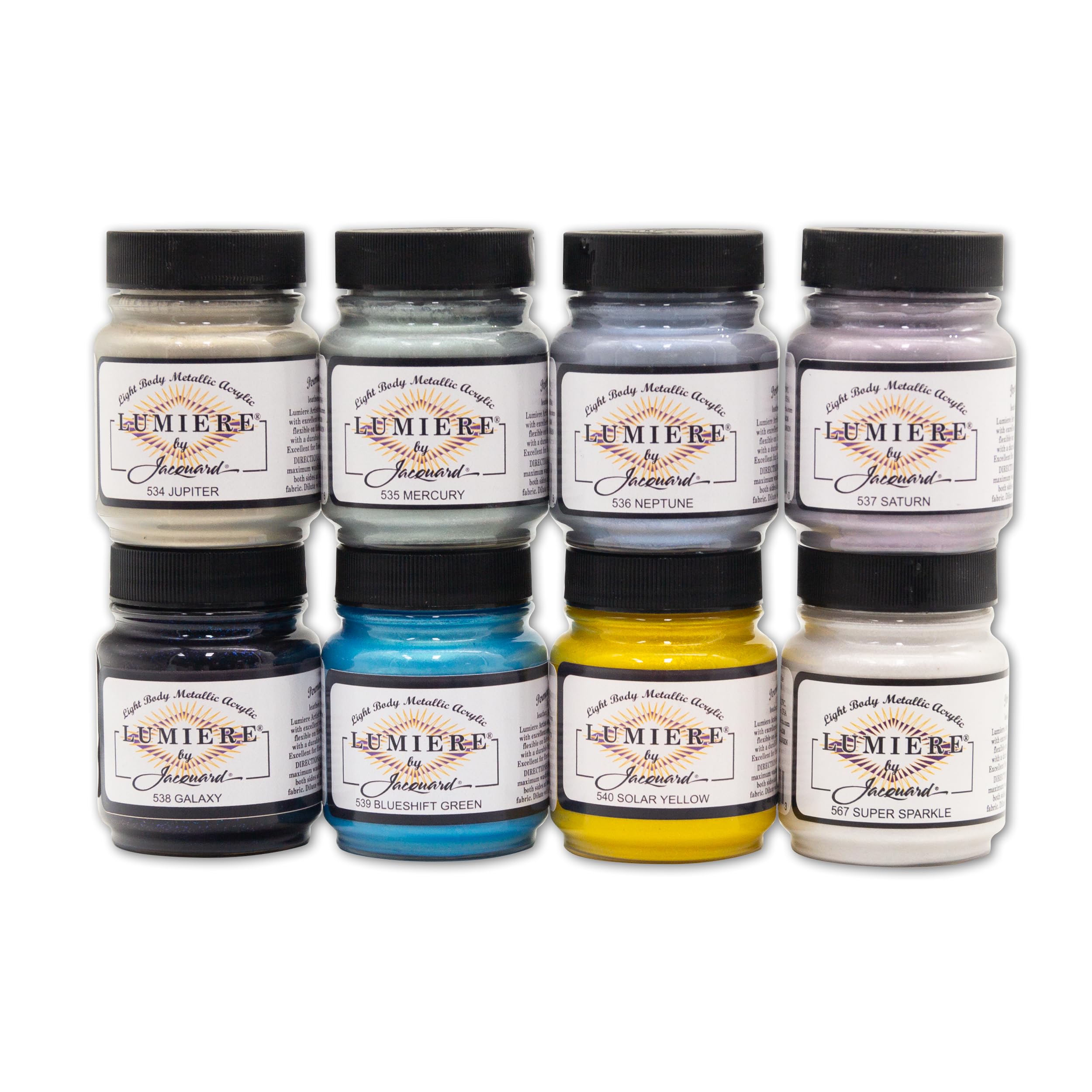 Jacquard Lumiere 2.25oz Fabric Paint 8 Color Celestial Set - Metallic Paint for Fabric, Leather, Canvas, Paper and Wood - Light-bodied Metallic Acrylic Paint - Lightfast & Vibrant Metallic Acrylic โ image 1