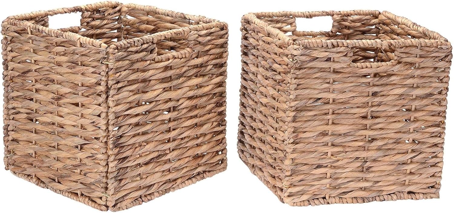 Set Of 2 Natural Handwoven Water Hyacinth Storage Baskets, Decorative Nestable Organizer Bins For Shelf, Closet, Pantry, Bathroom And Household Item
