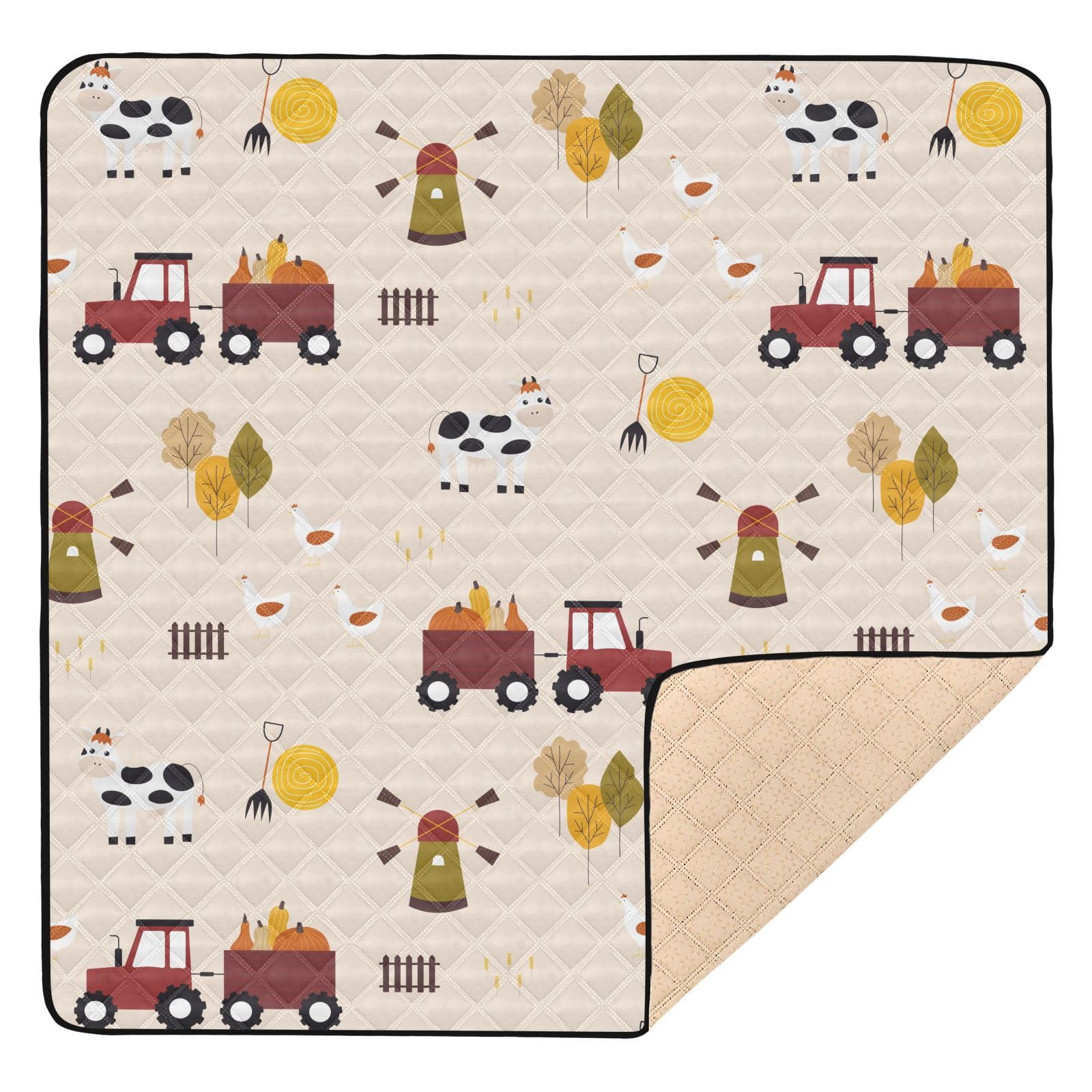 KICPOAY Baby Play Mat Cartoon Farm Cow Chicken Tractor 50 x 50 Playpen Mat Baby Play Mats for Floor Play Gym Crawling Mat Non-Slip Cushioned Baby Playmat for Infants, Babies, Toddlers