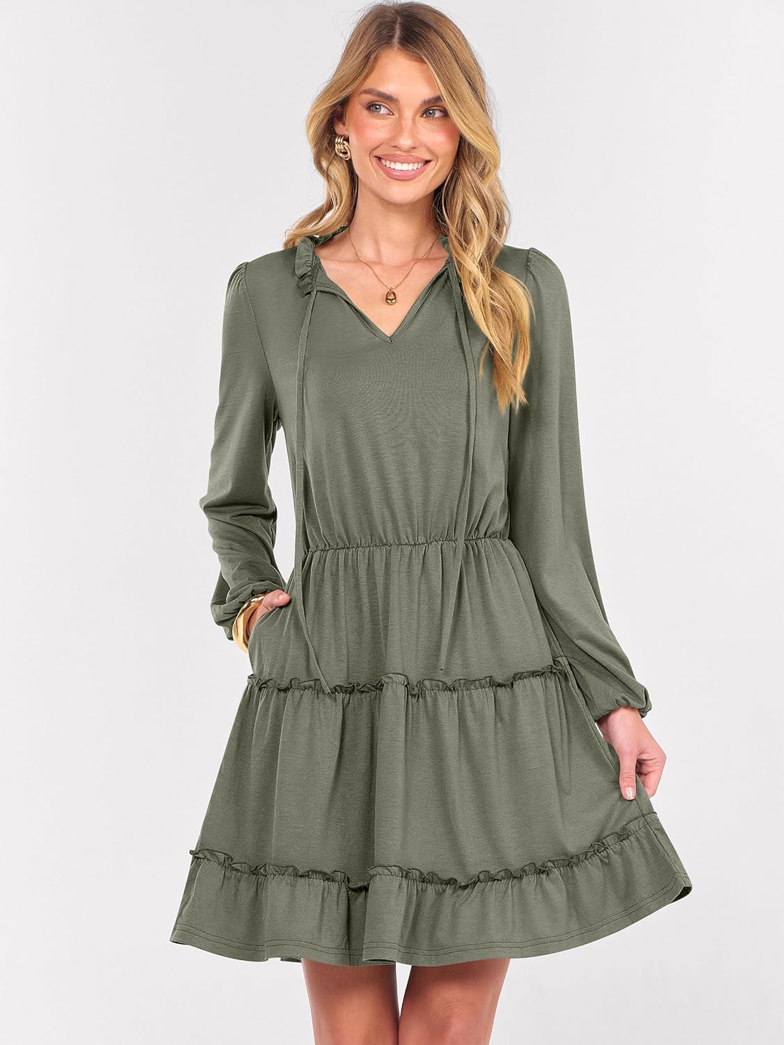 Caracilia Long Sleeve Dress for Women Fall 2025 Casual V Neck High Waist Tiered Ruffle Aline Swing Tunic Short Mini Dresses - Image 2