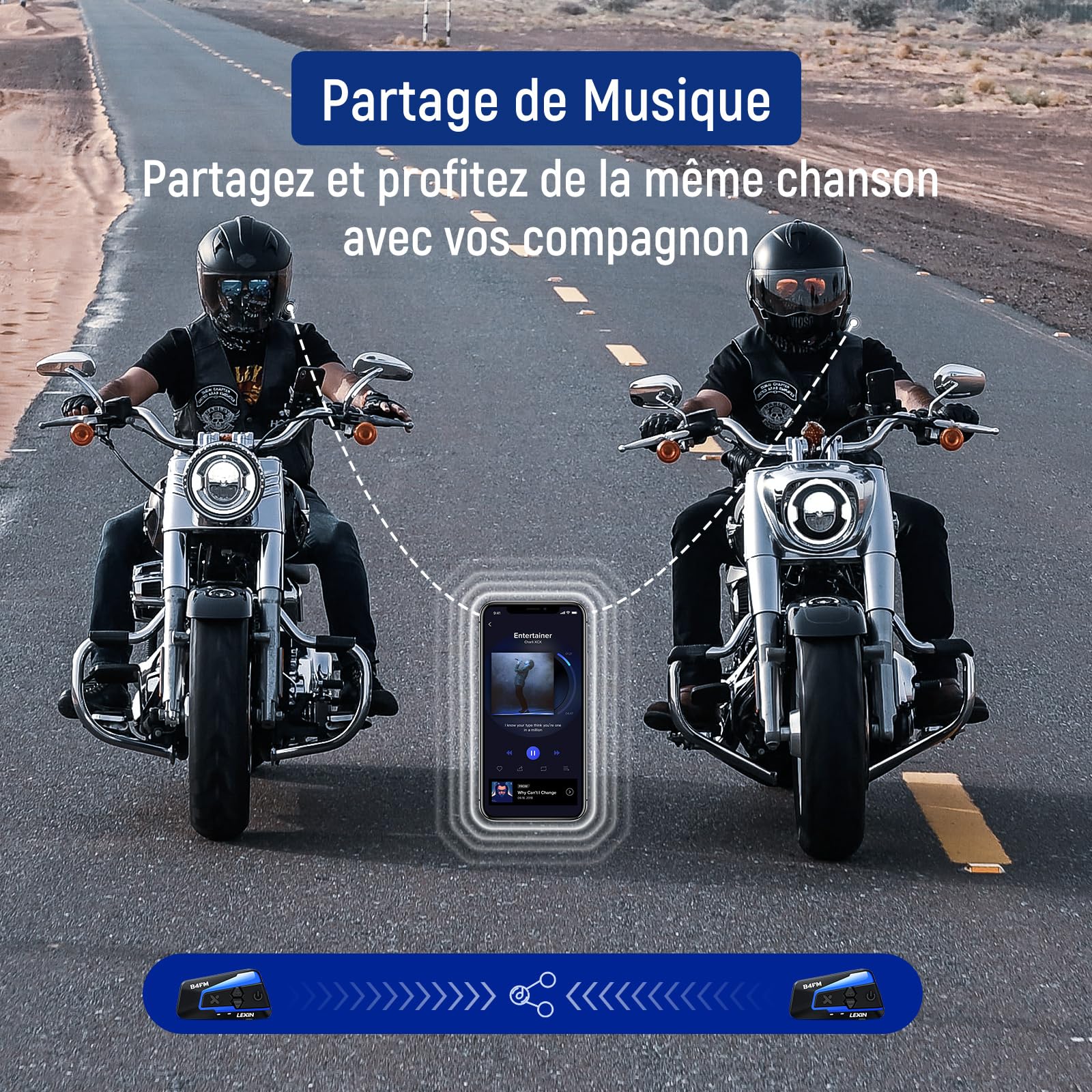 LEXIN B4FM Intercom Casque de Moto Bluetooth, Mains Libres 1-10 Motards, système de Communication avec Partage de Musique, écouteurs pour Moto