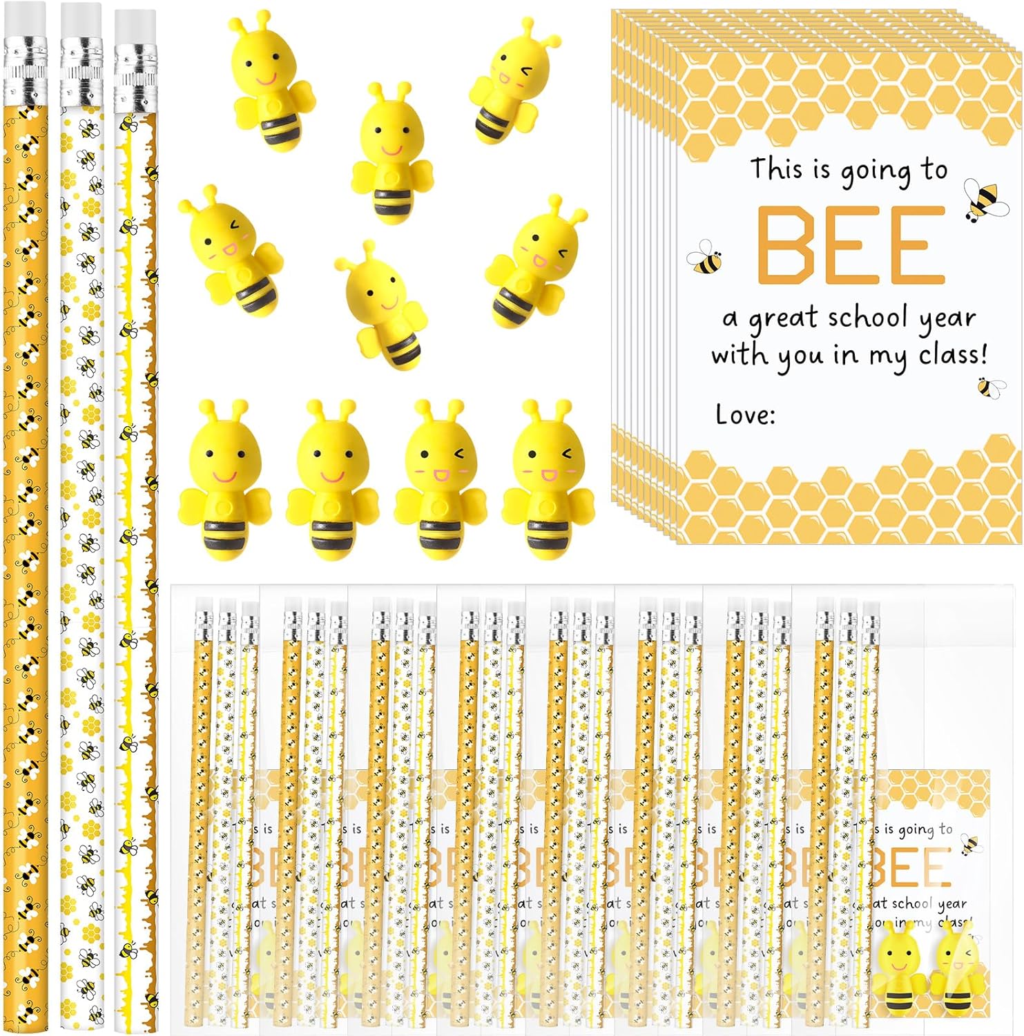 Fuyoooo 180 Pcs Back to School Gifts for Students Cute Bee Pencils Students Erasers 3D Bee Erasers Welcome Greeting Cards with Bags Classroom Gifts Back to School Stationery Supplies