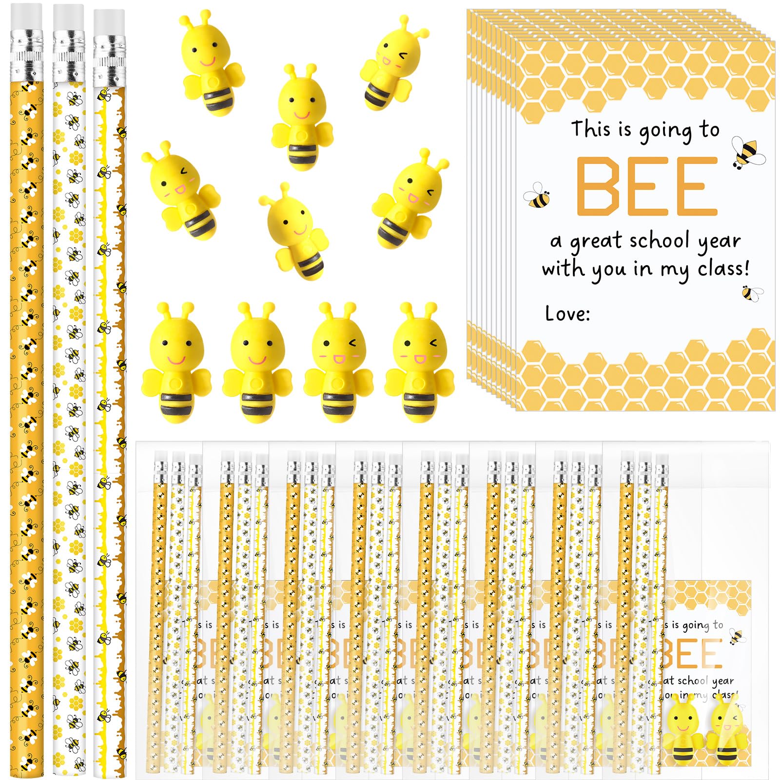 Fuyoooo 180 Pcs School Gifts for Students Cute Bee Pencils Students Erasers 3D Bee Erasers Welcome Greeting Cards with Bags Classroom Gifts School