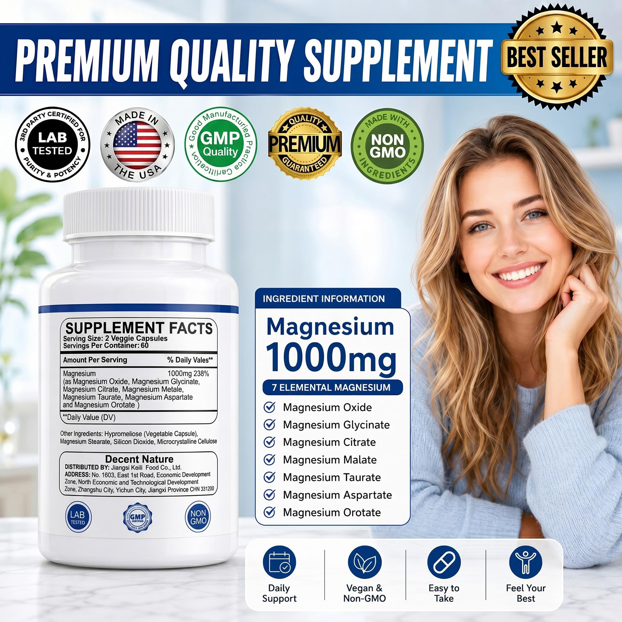 Magnesium Complex for Women & Men 1000mg - 7-in-1 Magnesium Supplement (Glycinate, Citrate & Malate) Capsules for Sleep Support, Stress Relief, Muscle Recovery - Vegan, 120 Count — Amazon image 3