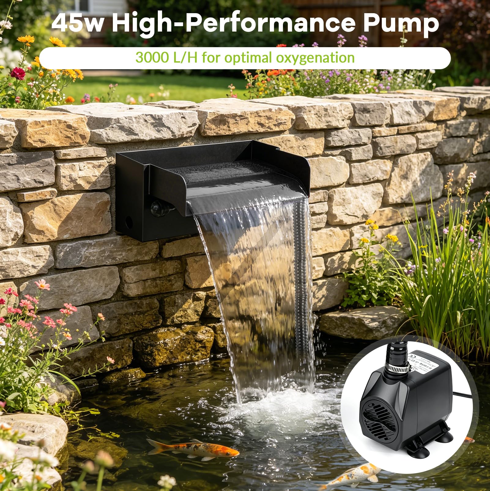 Wasserfall für Gartenteich Teich Garten, 30cm Edelstahl Wasserfall Set Komplett mit Pumpe und Filter, 45W 3000L/H Teichpump für Gartenteich Terrasse Wasserspiel Deko Garten