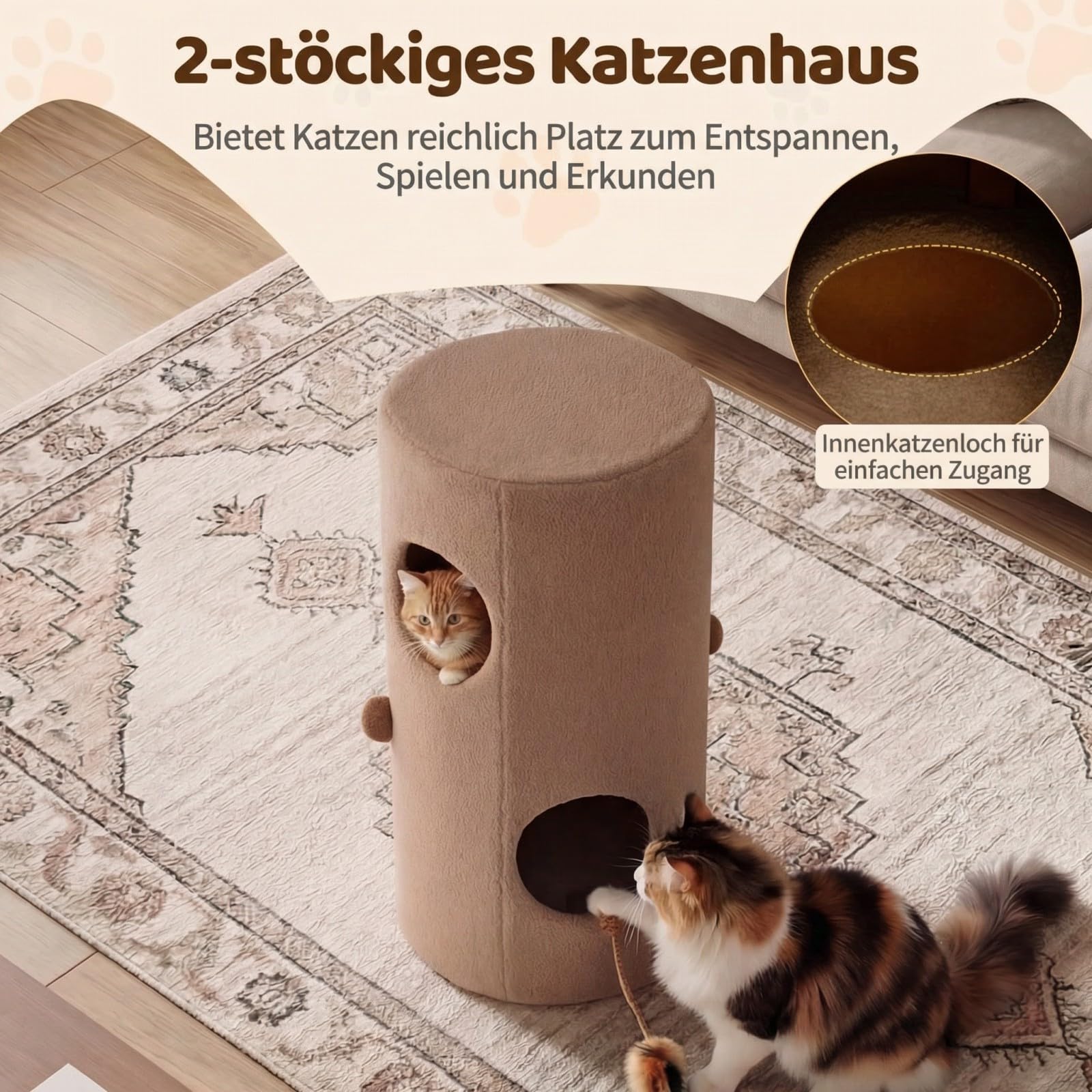 COSTWAY Kratztonne, Ø 35 cm, 66 cm hoch, Katzentonne mit Sisal-Kratzmatte, 2 Katzenhöhlen, Katzenbett, Kratzbaum für kleine und mittelgroße Katzen, Katzenbaum bis 15 kg, Braun