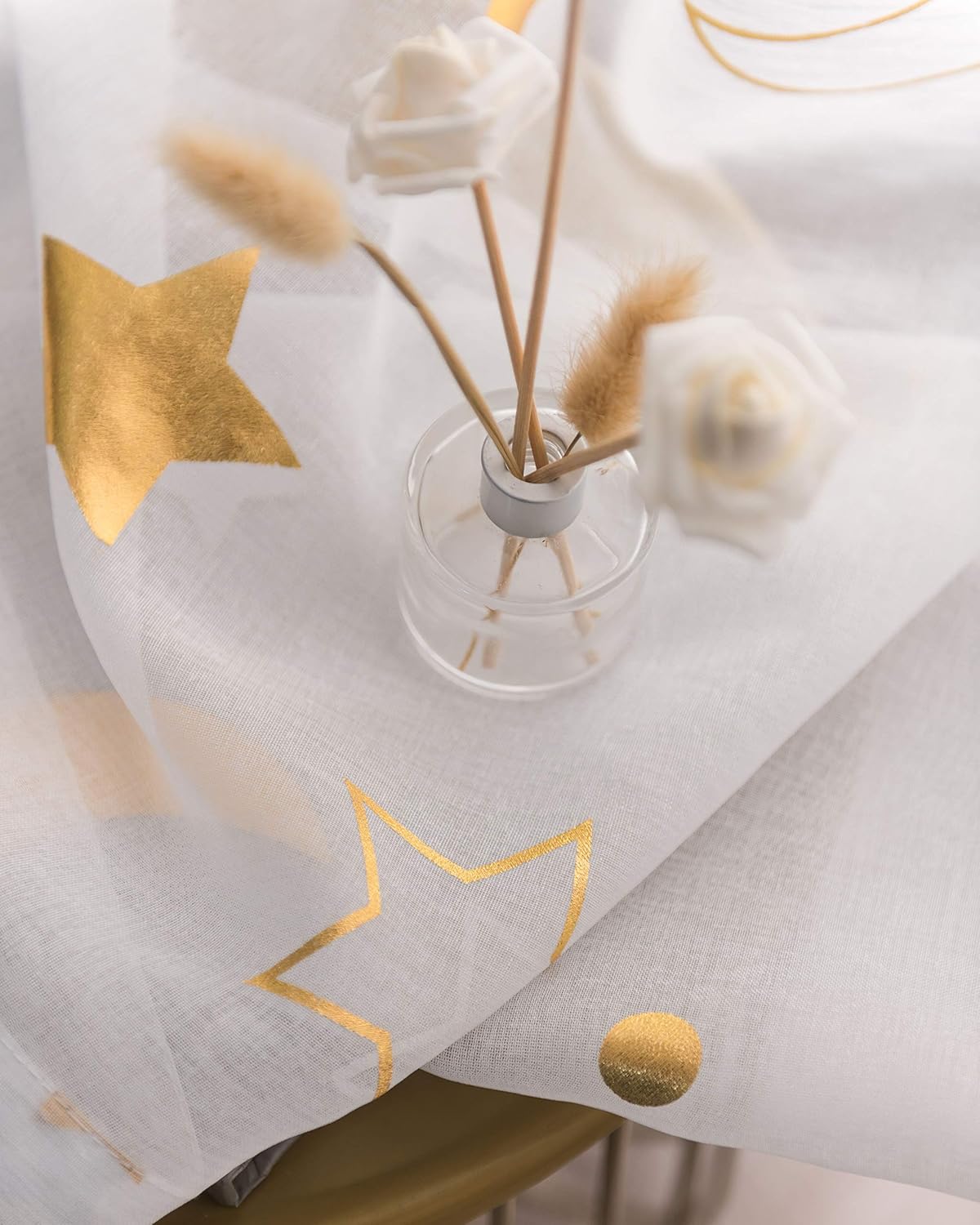 SEEKRIGHT Gold White Sheer Window Curtains - Cute Curtains for Kids Bedroom 95 Inch Long Twinkle Little Star and Moon Gold Foil Print Curtains for Bedroom and Living Room, Set 2 Panels
