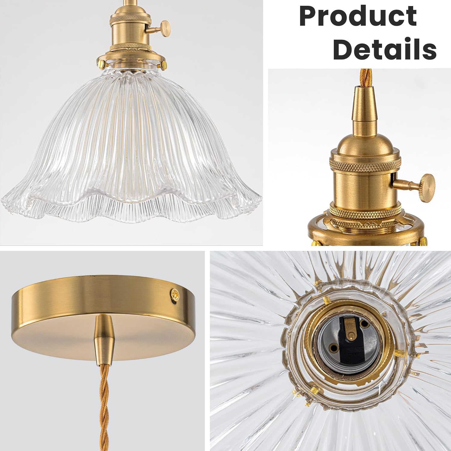 1-Light Brass Gold Vintage Pendant Light, Flower Glass Shade Adjustable Height Hanging Light Fixture, E26 Base Retro Farmhouse Pendant Lighting for Kitchen Island Dining Room Bedroom Bathroom
